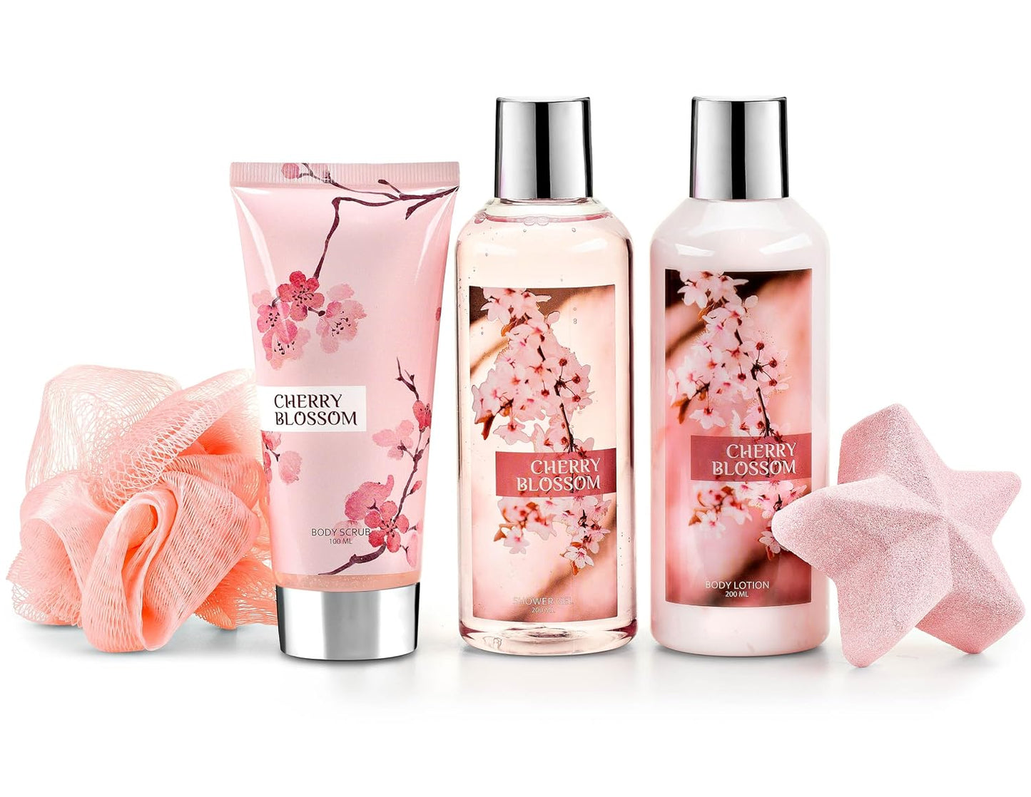 Fragrance Bath & Body Collection Gift Box, Includes Shower Gel, Body Lotion, Body Scrub, Bath Bomb & Sponge (Cherry Blossom) – Mother's Day Gift for Mom