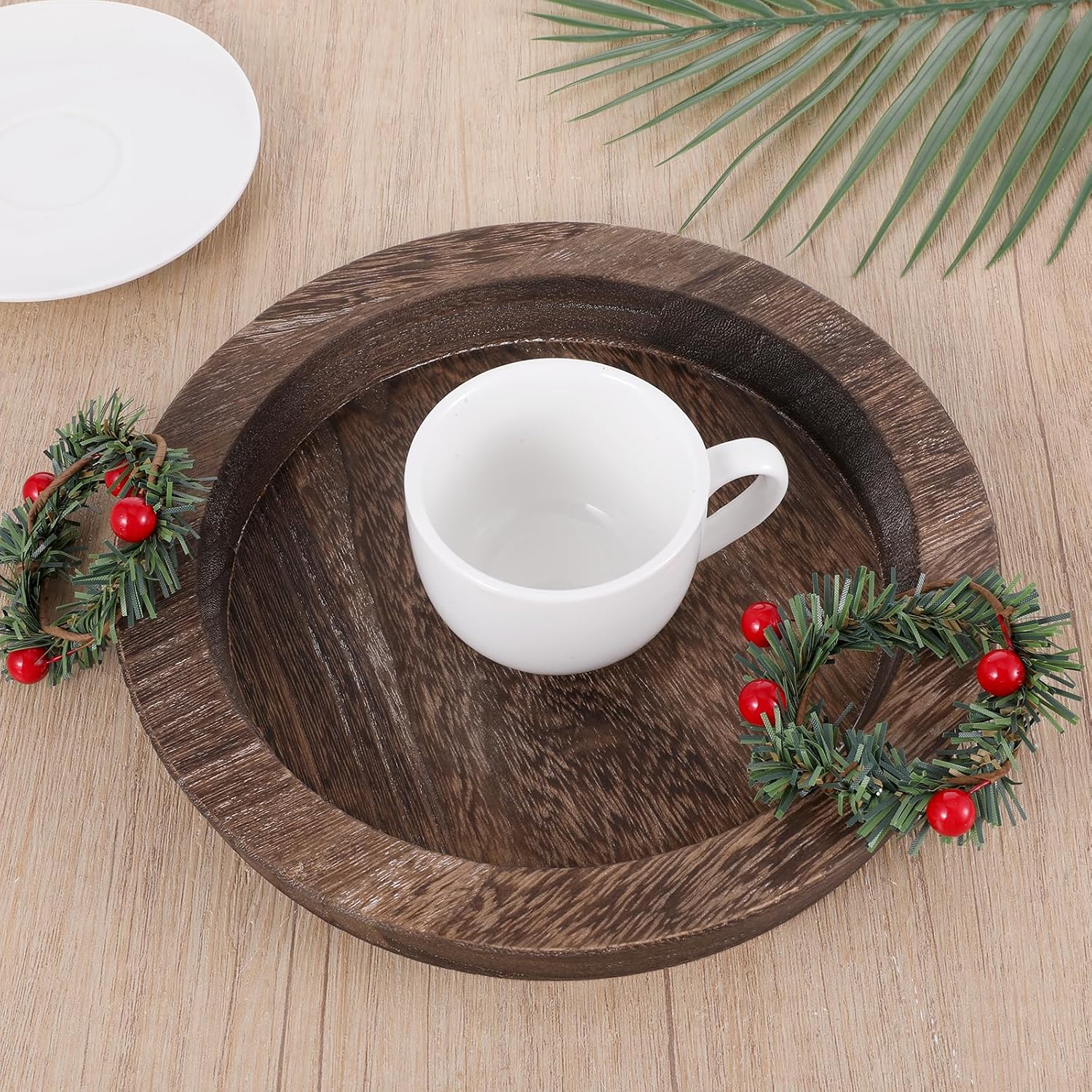6.5 in Round Rustic Wood Tray for Decor Candle Holder Tray Wooden Serving Trayes for Coffee Table and Home Decor Small Serving Trays for Centerpiece Table Decorations Circle Dining Tables Trays