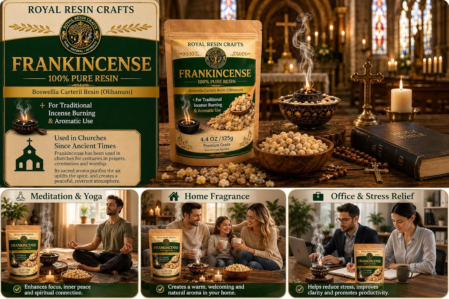 Premium Organic Frankincense Resin (Boswellia Carterii) – 125 g / 4.40 oz Wild-Harvested Olibanum – Pure Incense Resin for Aromatic Burning, Spiritual Rituals & Home Ambiance – Royal Resin Crafts