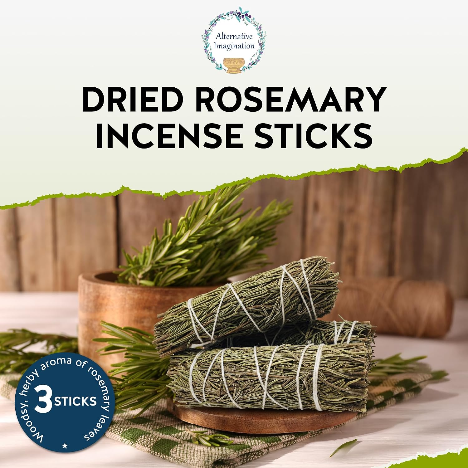 Dried Rosemary Incense Sticks for Spiritual Cleansing, Home Fragrance, Witchcraft Supplies, Meditation Accessories - 4" Long - 3 Pack - Alternative Imagination
