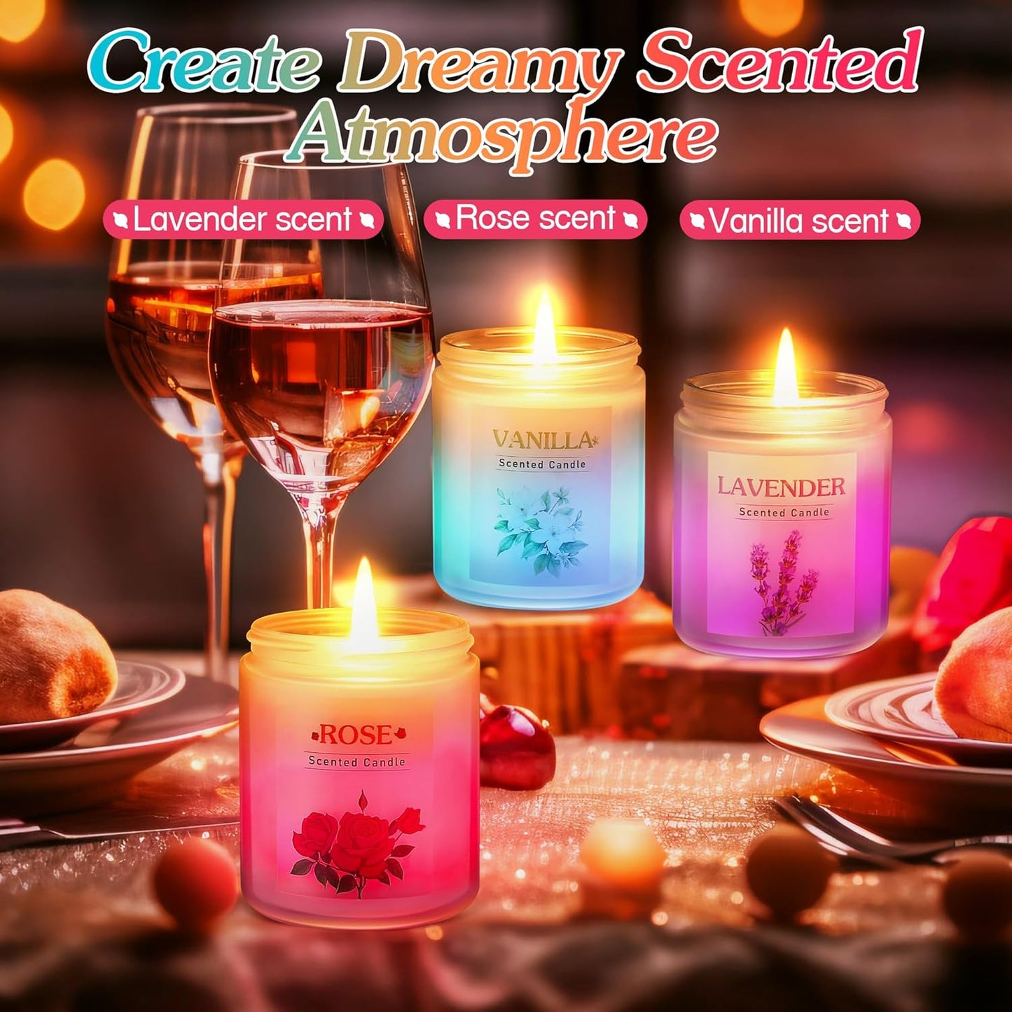 3 Pack Glowing Scented Candles with Sensor Light, 21 Oz Aromatherapy Gifts for Women, Rose Vanilla Lavender Long Lasting Fragrance, Natural Soy Candle for Home Scented