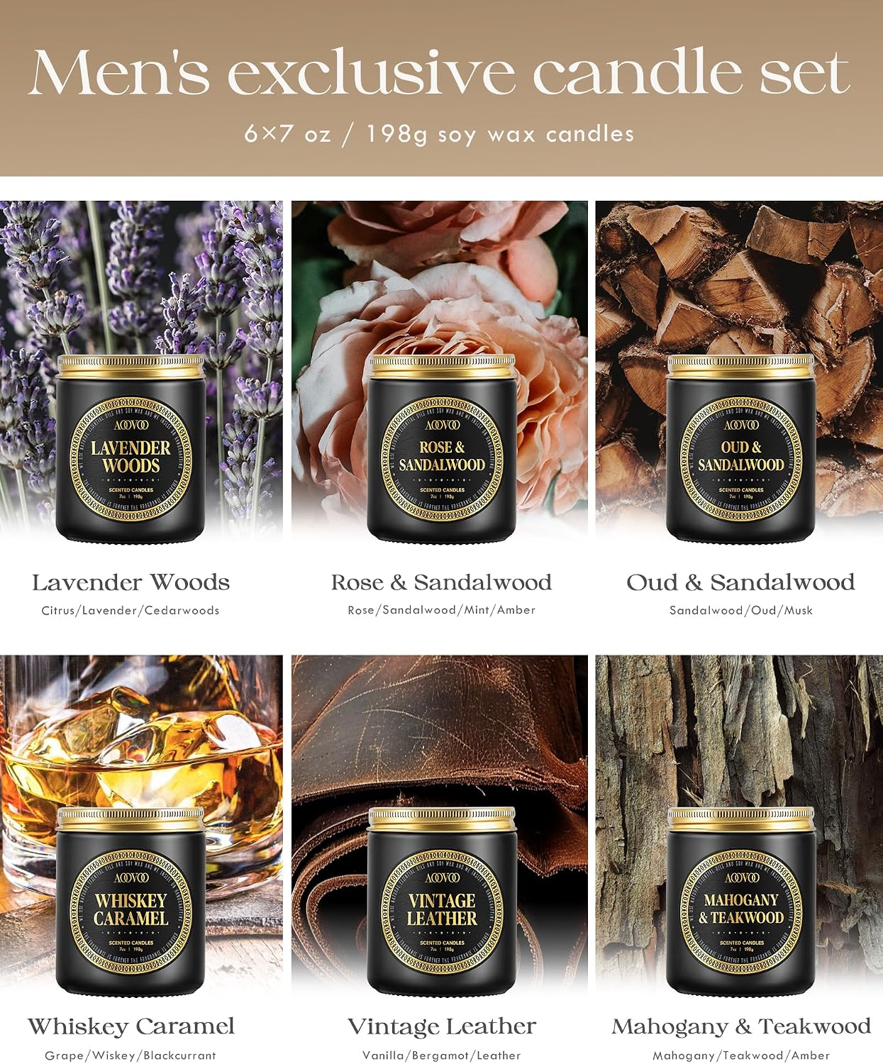 AOOVOO Scented Candles Gift Set - 6 Pack Men Candles for Home Scented, 42 oz Soy Candle for Men, 300 Hour Long Lasting Candle Set for Birthday, Father's Day, Valentine, Christmas, Anniversary