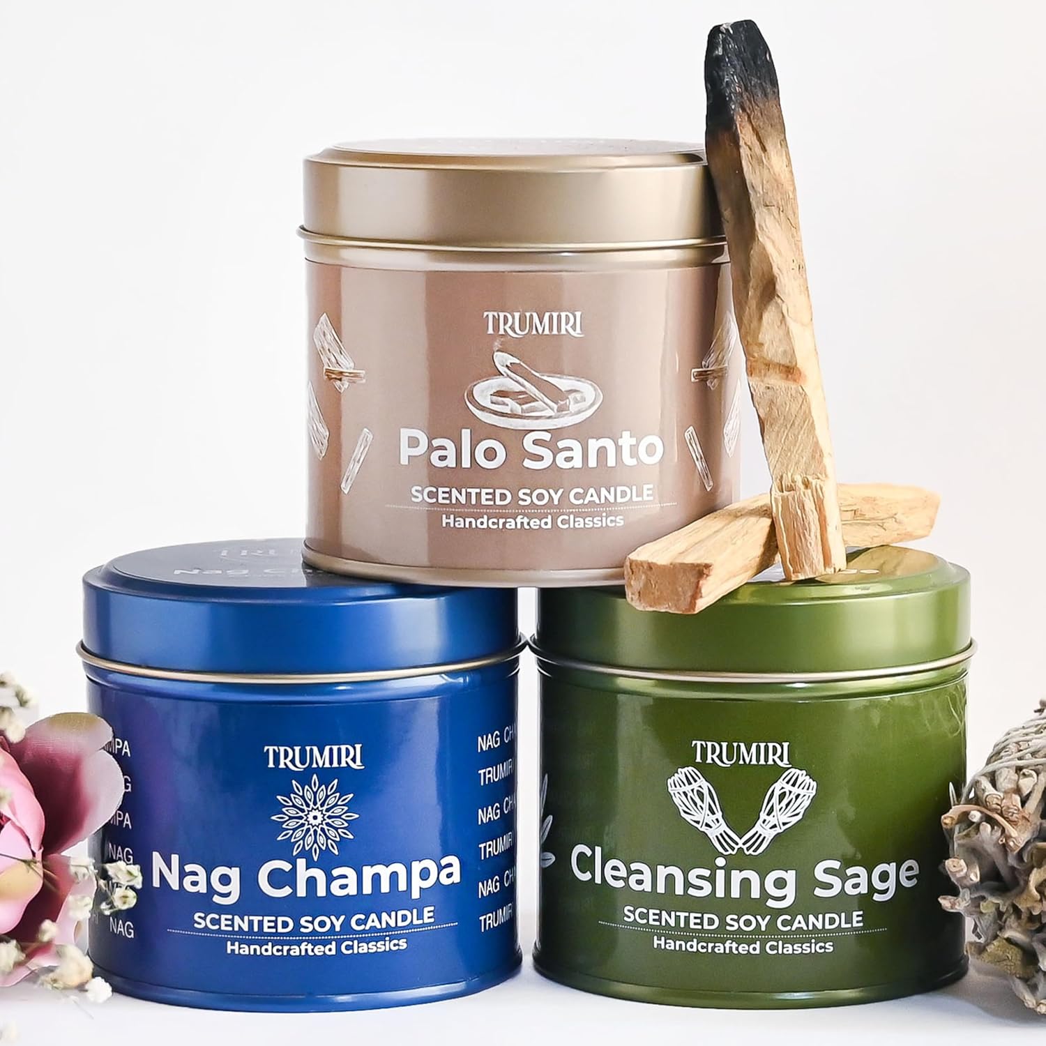 Cleansing Sage, Palo Santo, Nag Champa - Soy Candles Non Toxic - Highly Scented Long Lasting with Essential Oils - Variety Pack of 3 x 5oz - for Home Aromatherapy Meditation Gift Travel