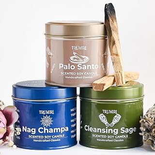 Cleansing Sage, Palo Santo, Nag Champa - Soy Candles Non Toxic - Highly Scented Long Lasting with Essential Oils - Variety Pack of 3 x 5oz - for Home Aromatherapy Meditation Gift Travel
