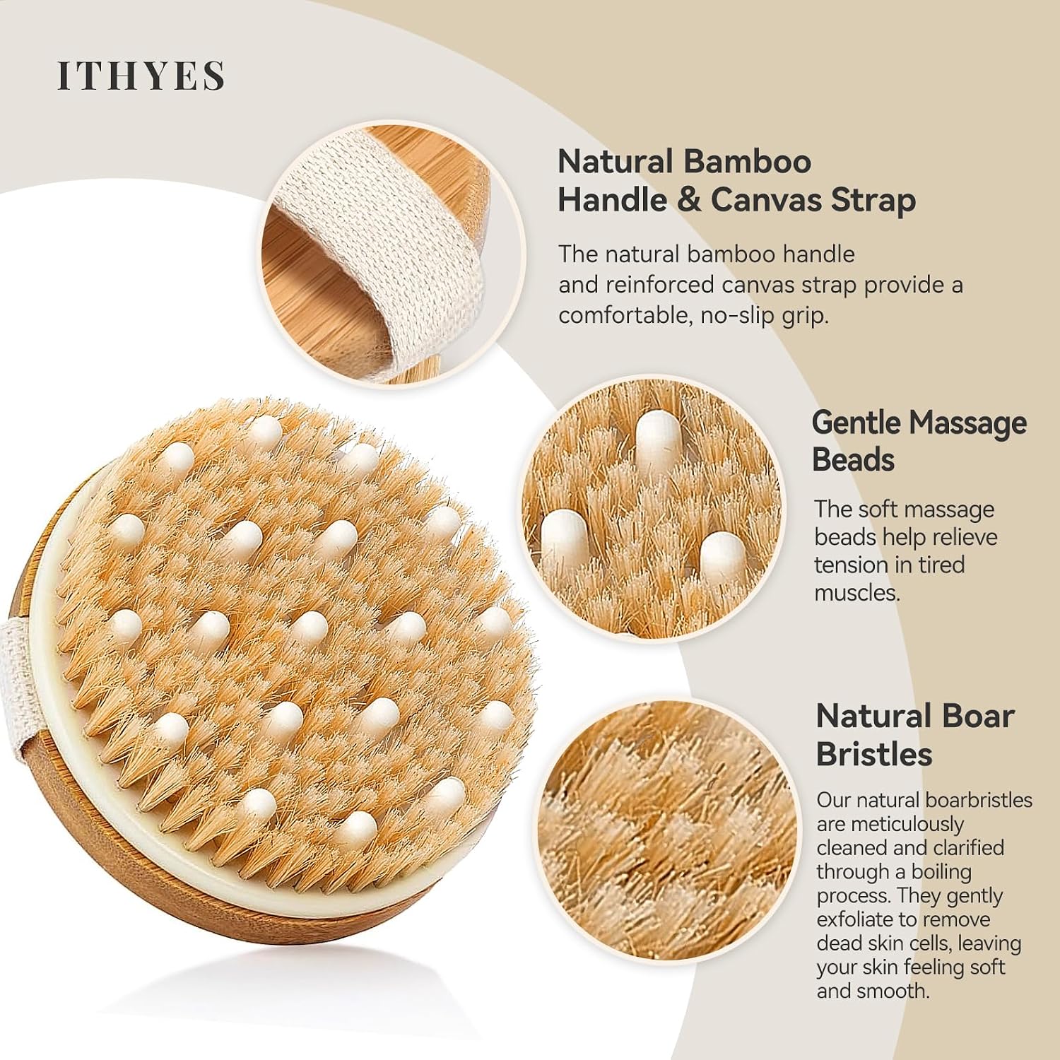 Body Brush Dry Brushing Bath Brush Gentle Skin Exfoliate Massage Scrub 100% Nature Boar Bristles Bamboo Wood Improve Blood Circulation Wet & Dry Smooth Fresh Treatment,with Canvas Bag