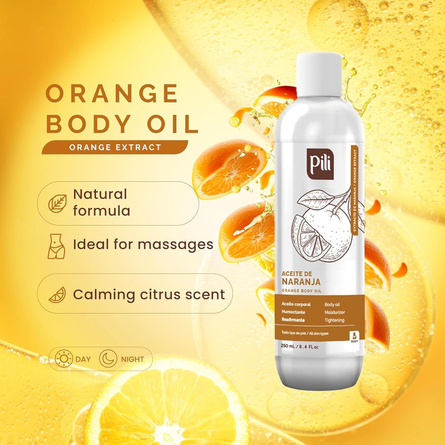 Pili Natural Orange Oil - Skin Tonic and Moisturizing Body Oil - Massage Oil - Prevents Cellulite, Stretch Marks, Firms & Tightens Skin - 8.4 fl oz