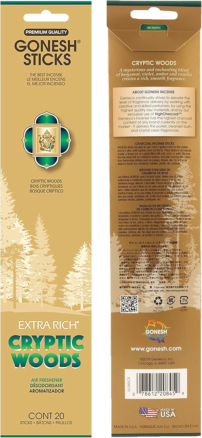 Gonesh - Extra Rich Scented Incense Sticks - Non-Toxic 10” Slow Burn Aromatic Sticks - Cryptic Woods - 80 Pack