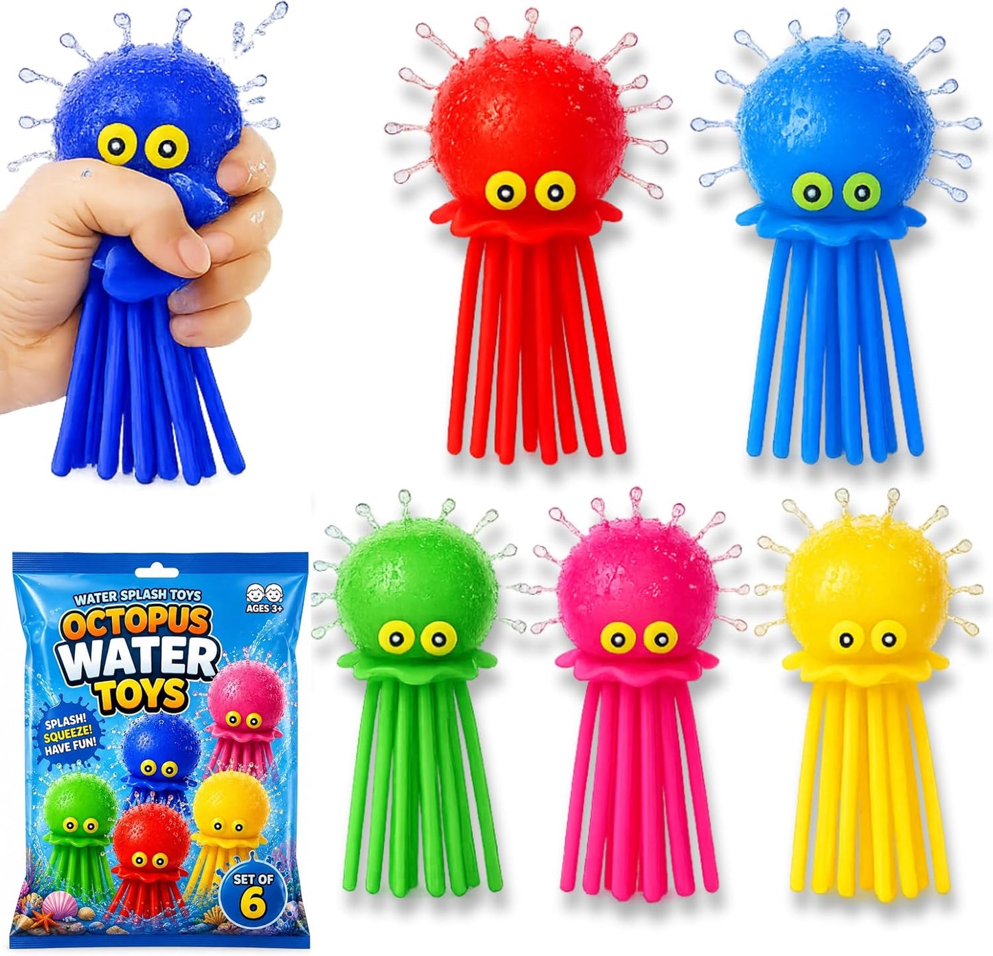 Octopus Water Balls - Pack of 6 Pool Toys for Kids Sensory Absorbent Water Splash Balls Bomb, Toddler Bath Toy, Swimming Pool Floating Swim Toys Outdoor Activity Game Easter Basket Stuffer