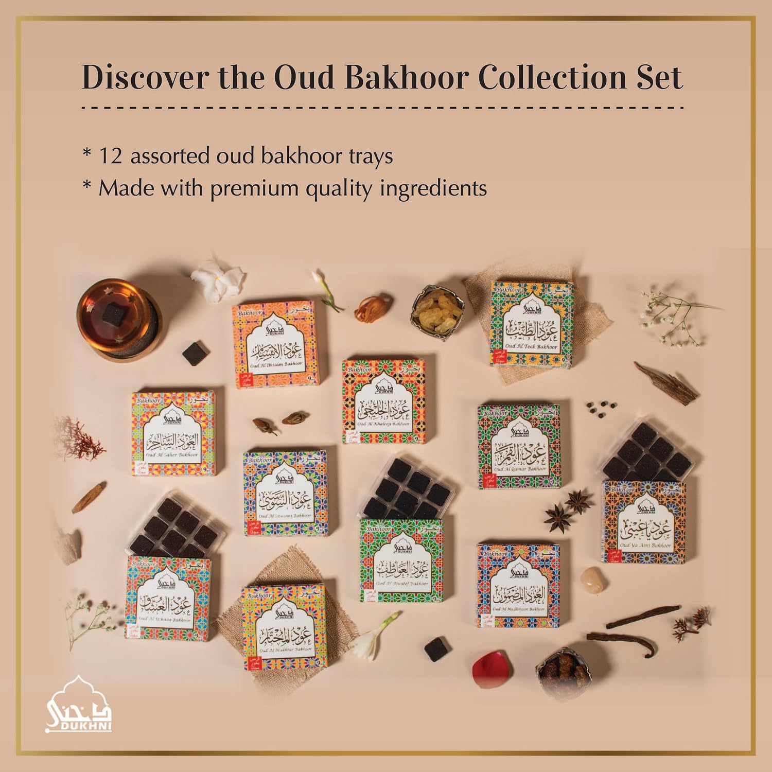Oud Bakhoor Collection Set by Dukhni |12 Assorted Boxes | 120 pc Bakhoor |Refill Packs | Arabic Incense | Perfect for Prayer time, Ramadan, Eid, Gifts & hampers | Long Lasting