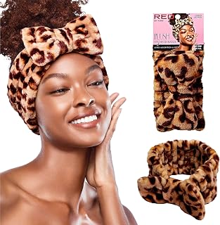 Red by Kiss Spa Headband for Washing Face Facial Makeup Bow Head Band Soft Plush Fleece Stretchy Head Wraps for Women Shower Bath Washing Face Mask (LEOPARD)