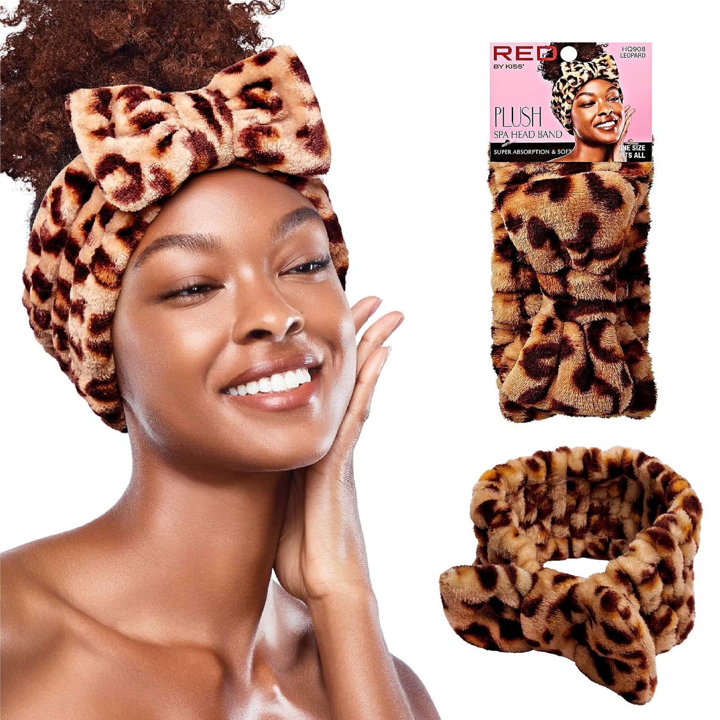 Red by Kiss Spa Headband for Washing Face Facial Makeup Bow Head Band Soft Plush Fleece Stretchy Head Wraps for Women Shower Bath Washing Face Mask (LEOPARD)