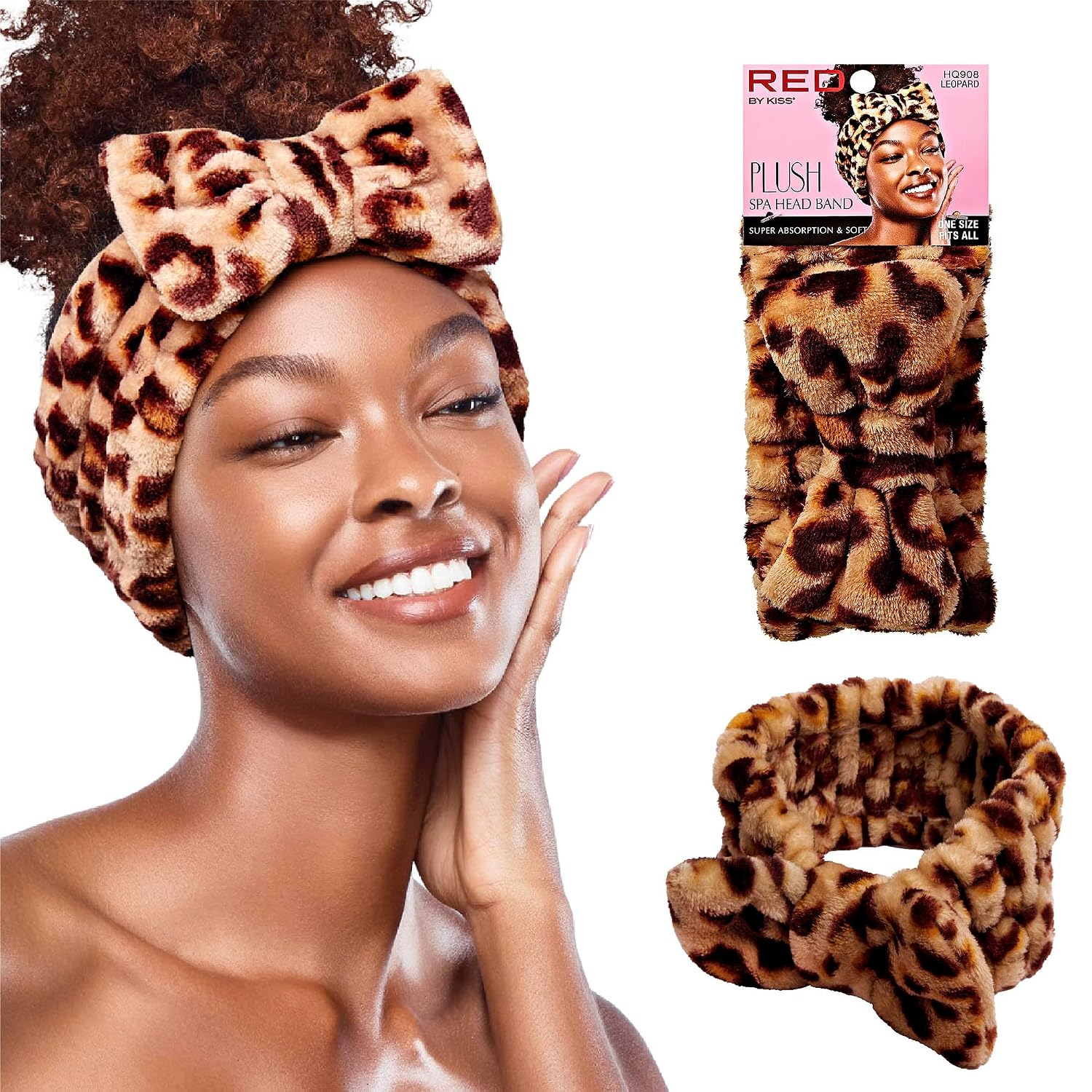 Red by Kiss Spa Headband for Washing Face Facial Makeup Bow Head Band Soft Plush Fleece Stretchy Head Wraps for Women Shower Bath Washing Face Mask (LEOPARD)
