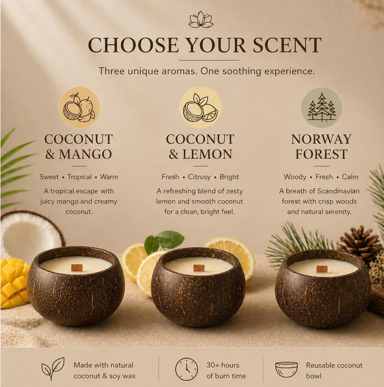 Coconut Soy Candle in Natural Coconut Bowl Wooden Wick – AURA by DG (Norway Forest)