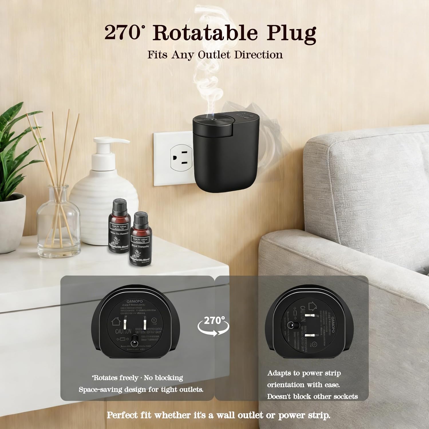 Waterless Diffuser for Essential Oil, Plug in Wall Scent Diffuser for Home, Quiet Cold Air Aromatherapy Diffuser with 500 Sq Ft Coverage, Includes 2×30ml Hotel-Inspired Oils (Black)