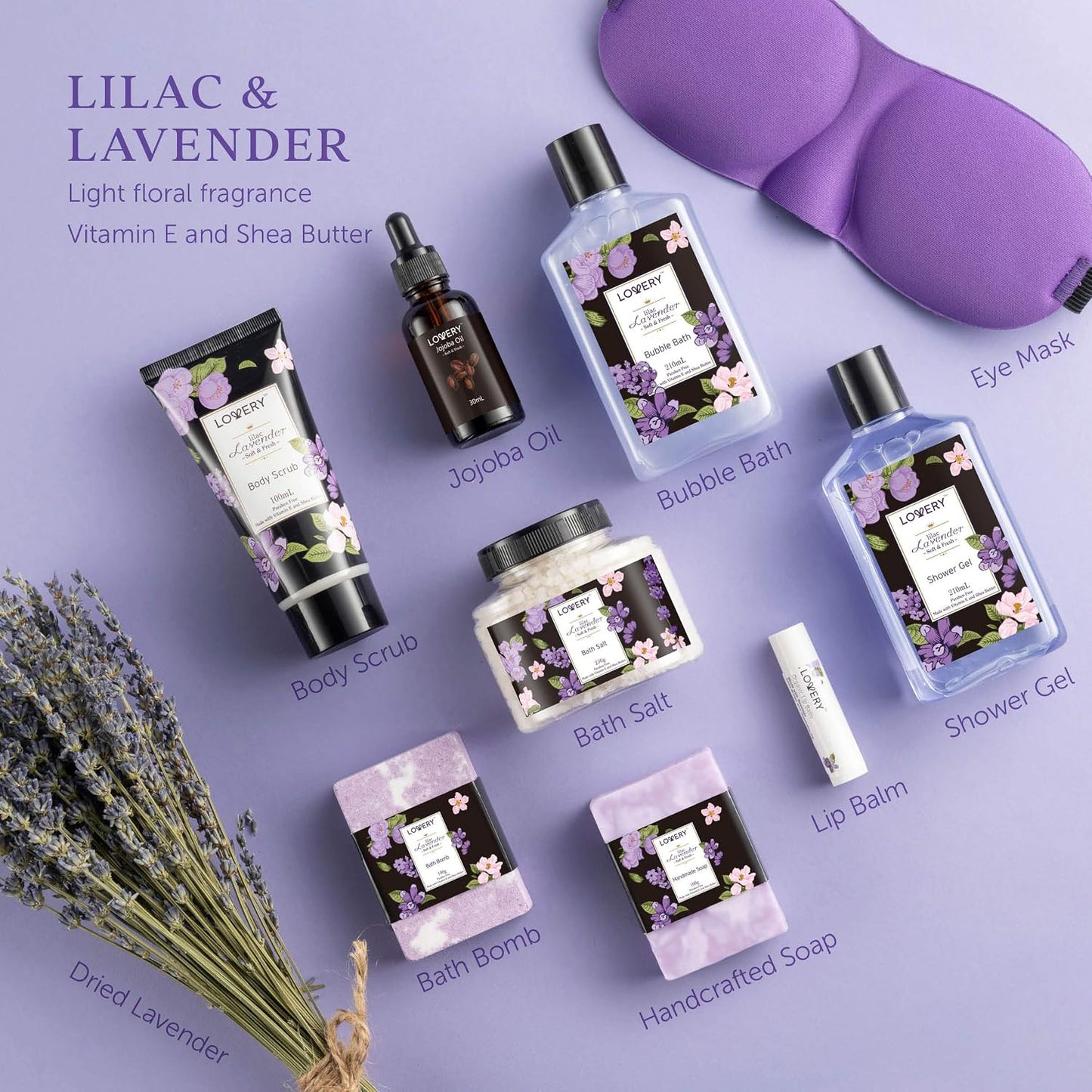 Gifts for Women, Moms, Lavender & Lilac Spa Gift Basket Set - Handmade Soap, Potpourri, Bath Bomb, Jojoba Oil, Organic Lip Balm & More - Stress Relief, Bath & Body Self Care Package