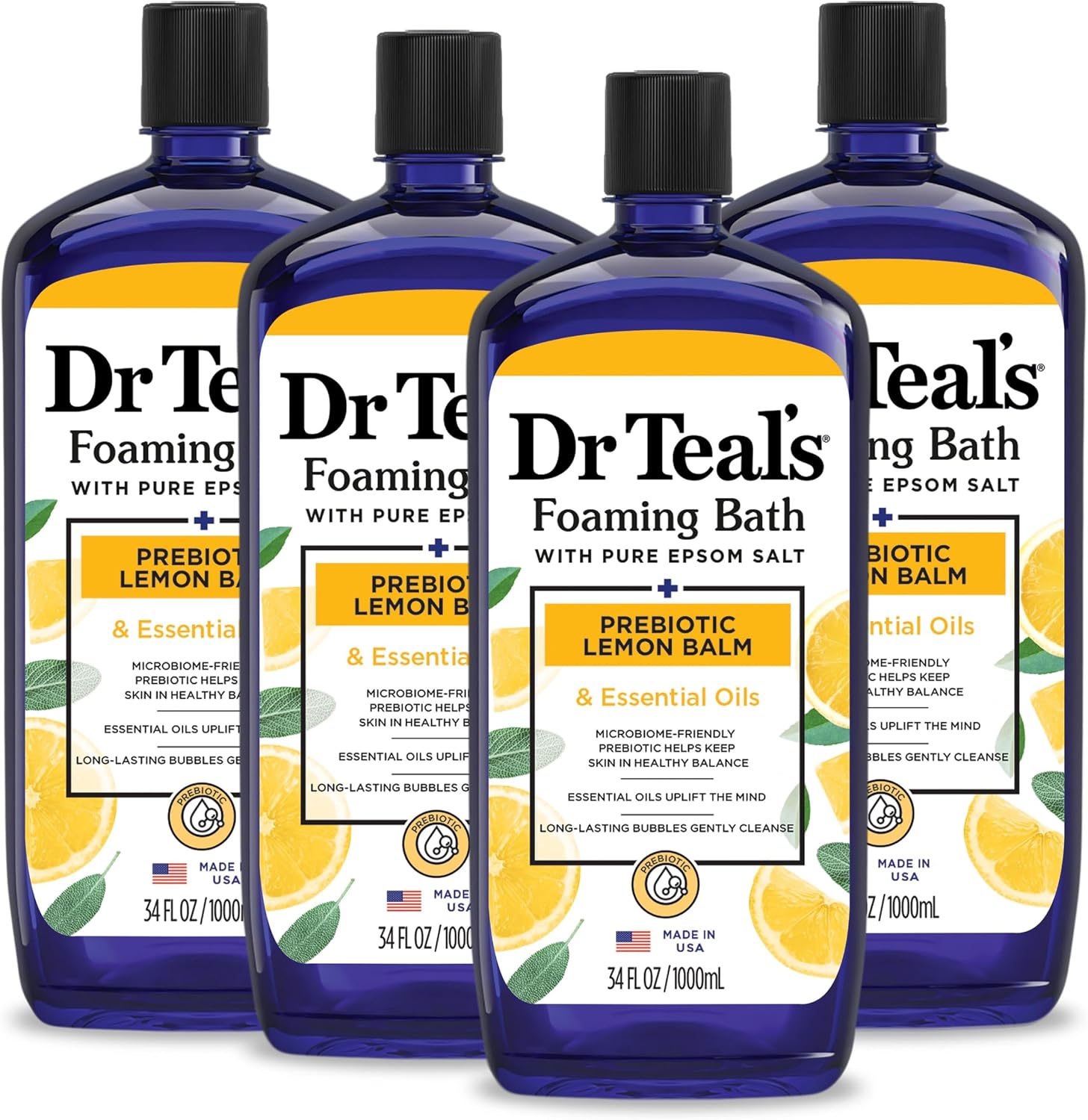 Dr Teal's Foaming Bath with Pure Epsom Salt, Prebiotic Lemon Balm & Essential Oils, 34 fl oz (Pack of 4)