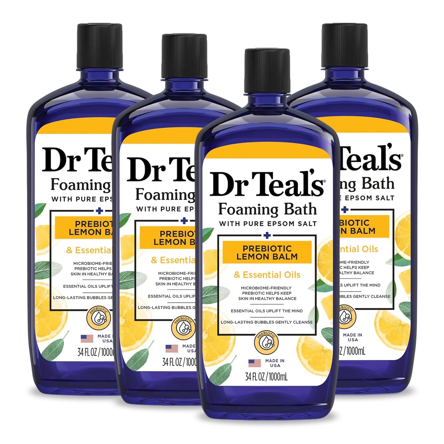 Dr Teal's Foaming Bath with Pure Epsom Salt, Shea Butter & Almond, 34 fl oz (Pack of 4) (Packaging May Vary) & Foaming Bath with Pure Epsom Salt, Prebiotic Lemon Balm & Essential Oils, 34 fl oz