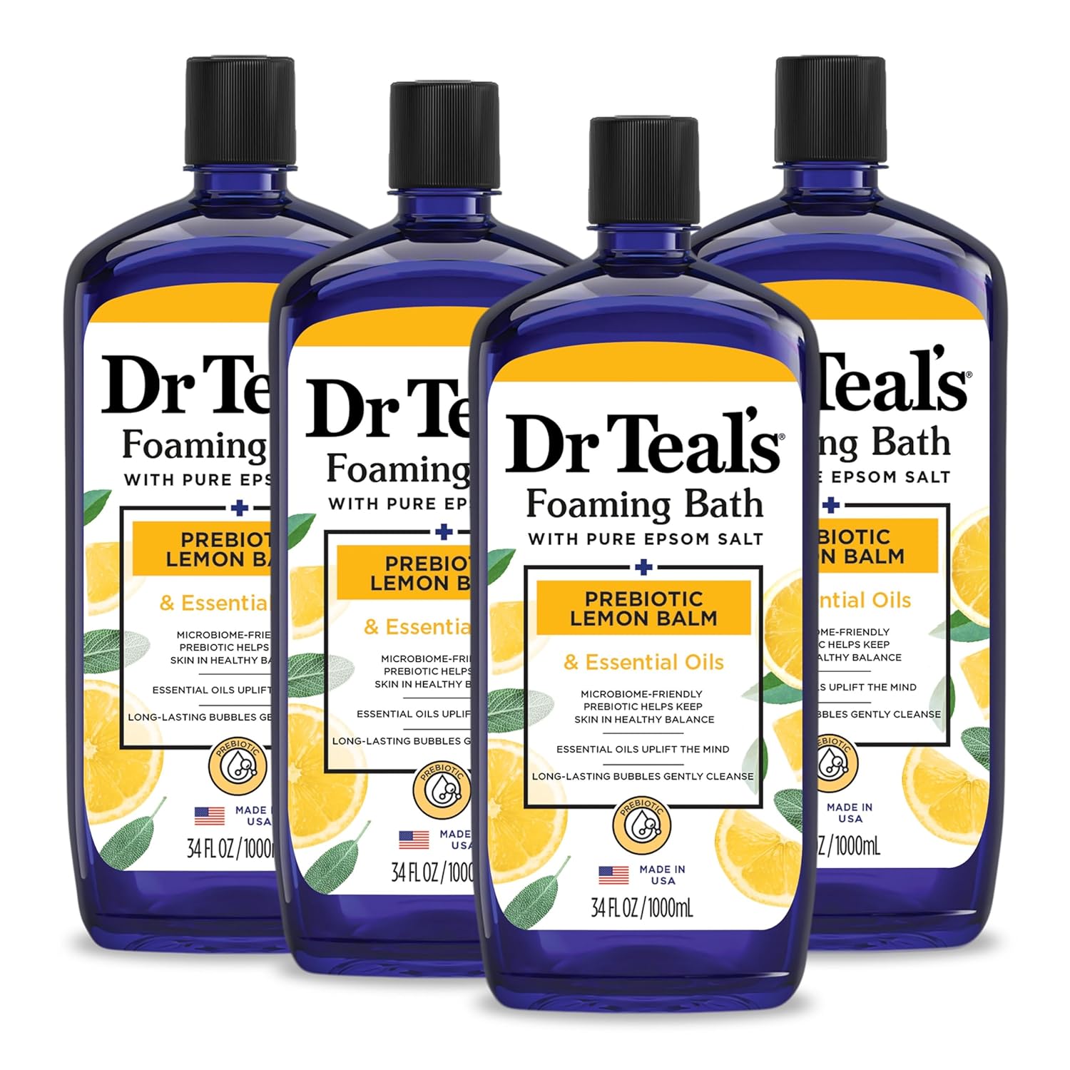 Dr Teal's Foaming Bath with Pure Epsom Salt, Shea Butter & Almond, 34 fl oz (Pack of 4) (Packaging May Vary) & Foaming Bath with Pure Epsom Salt, Prebiotic Lemon Balm & Essential Oils, 34 fl oz