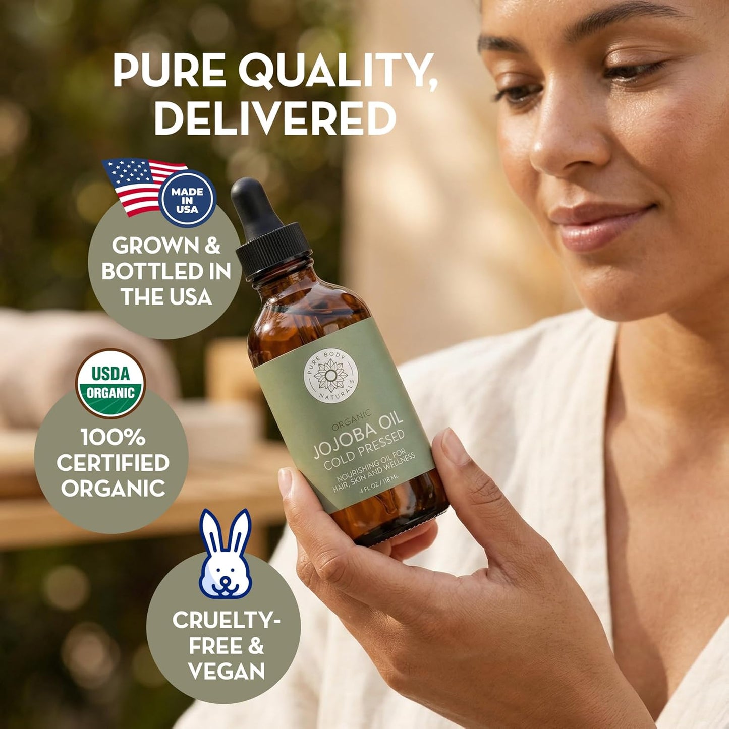 Pure Body Naturals Organic Jojoba Oil, 4 Fl Oz - 100% Pure, Organic, USA-Sourced, Cold Pressed Jojoba Oil for Skin, Face, Nails and Hair - Carrier Oil for Mixing Essential Oils