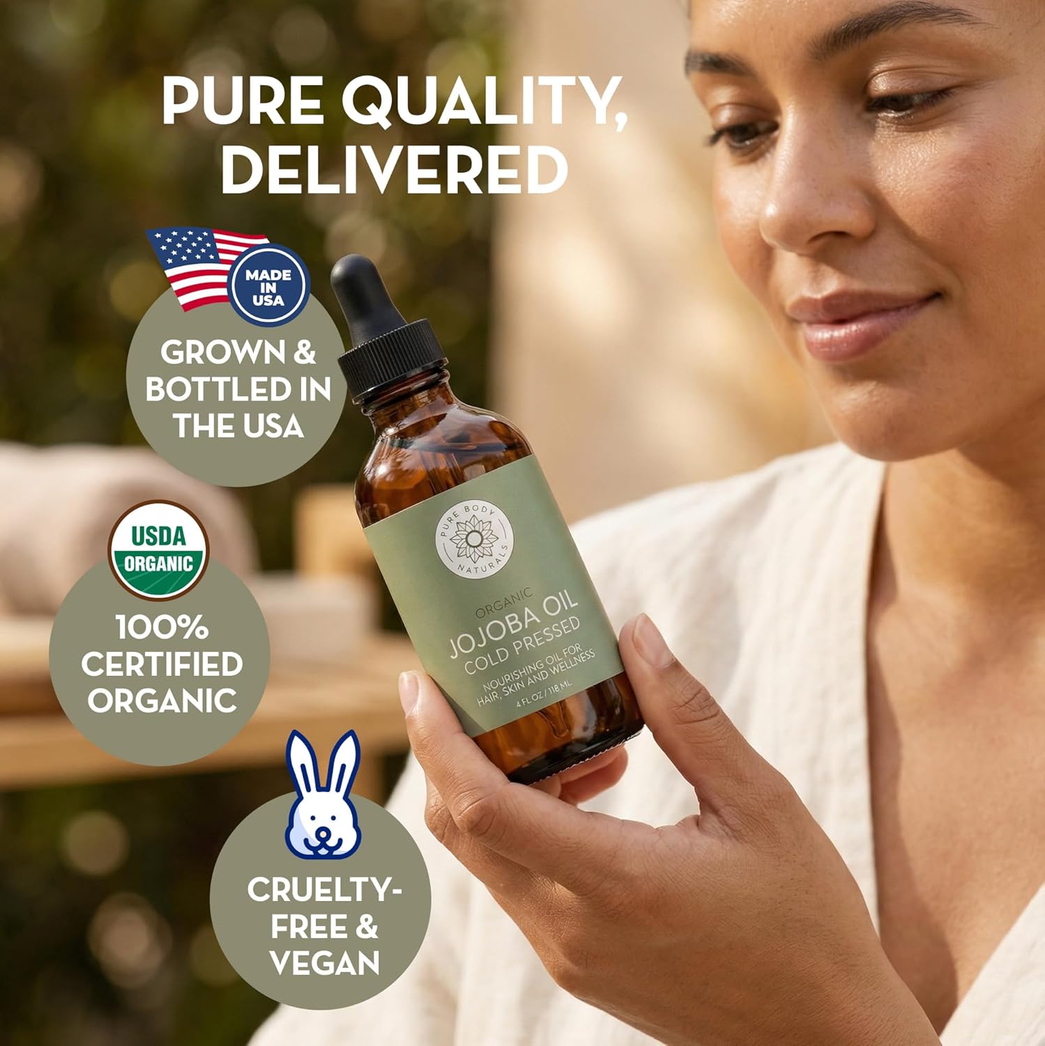 Pure Body Naturals Organic Jojoba Oil, 4 Fl Oz - 100% Pure, Organic, USA-Sourced, Cold Pressed Jojoba Oil for Skin, Face, Nails and Hair - Carrier Oil for Mixing Essential Oils