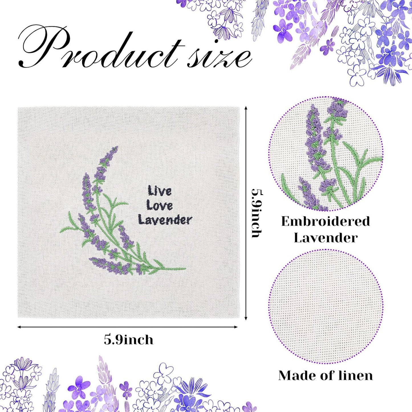 SATINIOR 6 Pack 6 x 6 Inch Embroidered Lavender Sachet Bags Sachet Empty Bags with Hook and Loop Fasteners Cotton Linen Pouch for Filling Spice Jewelry for Wedding(Beige,Novelty)