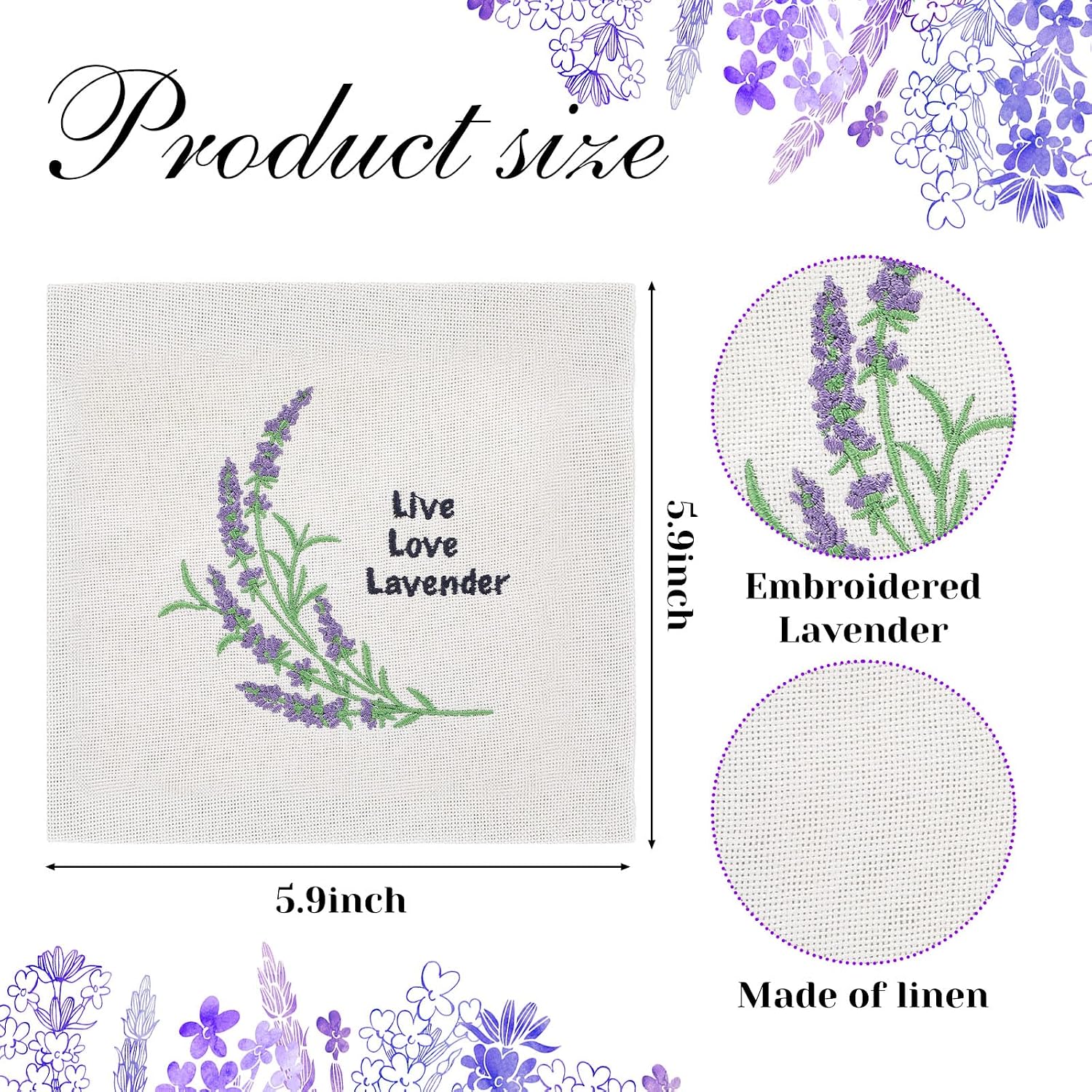 SATINIOR 6 Pack 6 x 6 Inch Embroidered Lavender Sachet Bags Sachet Empty Bags with Hook and Loop Fasteners Cotton Linen Pouch for Filling Spice Jewelry for Wedding(Beige,Novelty)