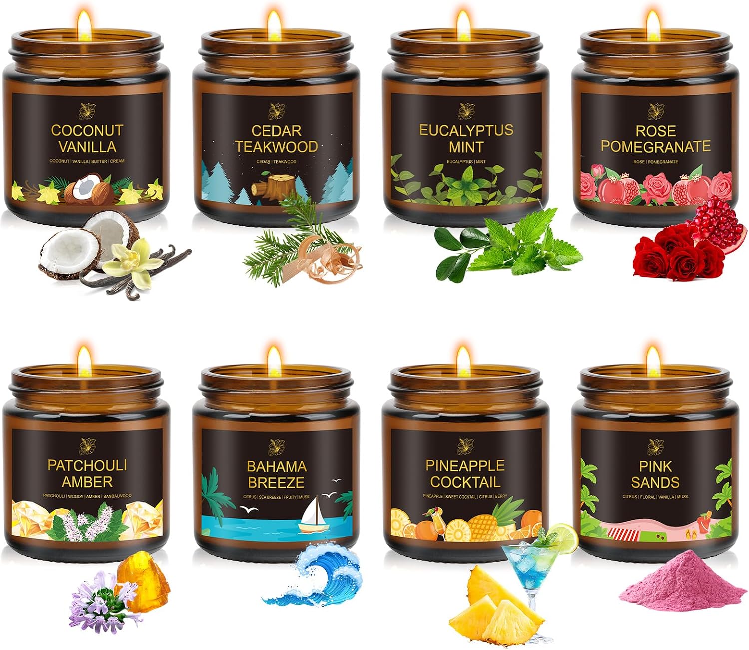 8-Pack Scented Candle, 28oz Burn Time 160 Hours, 8 Scents:Pineapple Cocktail, Coconut Vanilla, Pink Sands, Bahama Breeze& More. Perfect Spring and Summer Gift for Family and Friends.