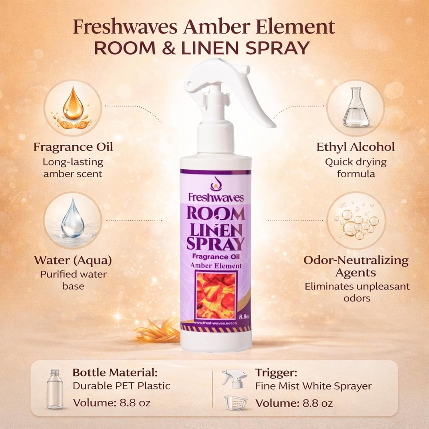 Freshwaves Amber Element Air Freshener Spray | Room & Linen Spray | Odor Eliminator for Home, Bedroom, Bathroom & Office | 8.8oz