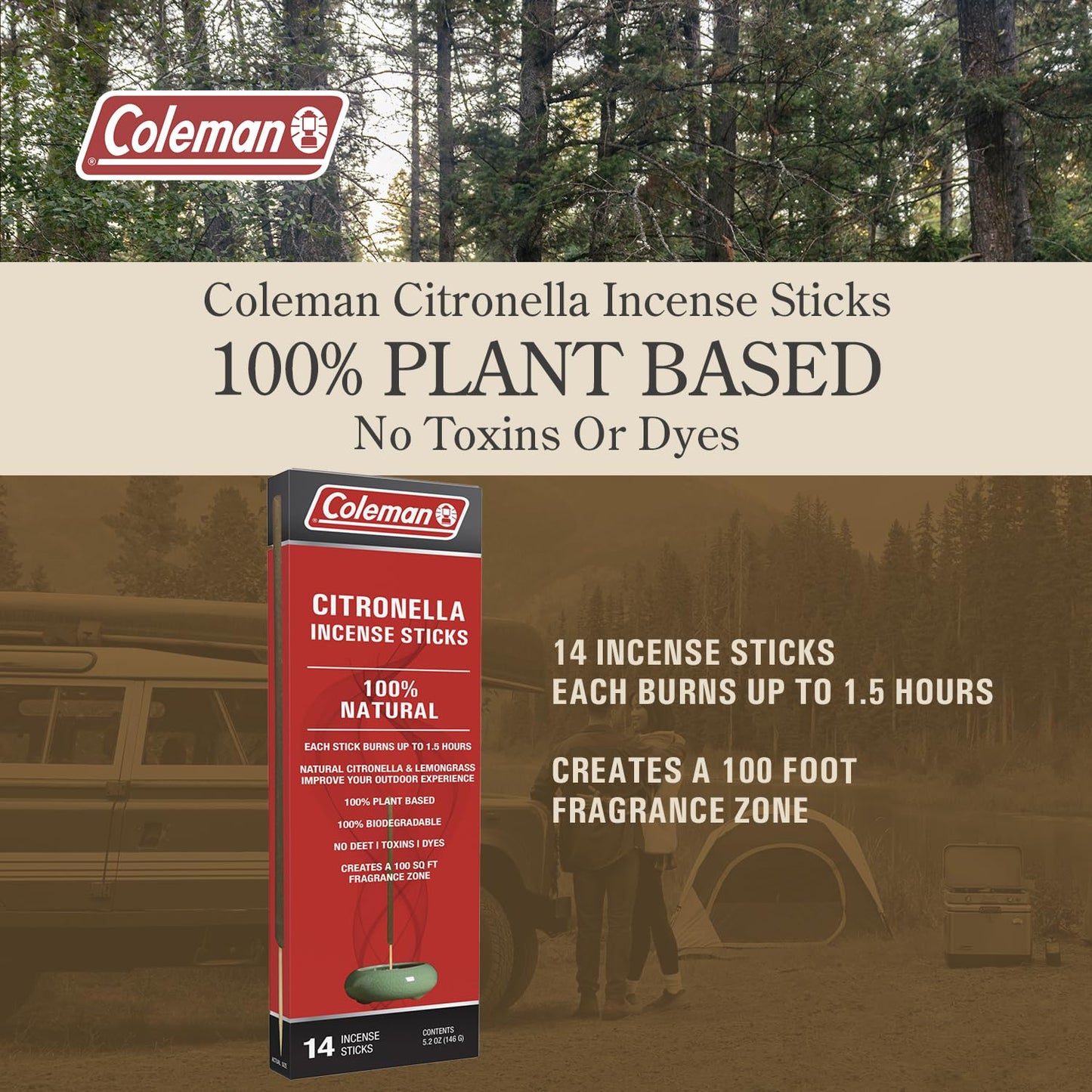 Coleman Citronella Incense Sticks, DEET Free with Natural Citronella and Lemongrass, 100% Plant Based, 100% Biodegradable, Up To 1.5h Burn Time per Stick, 14 Sticks