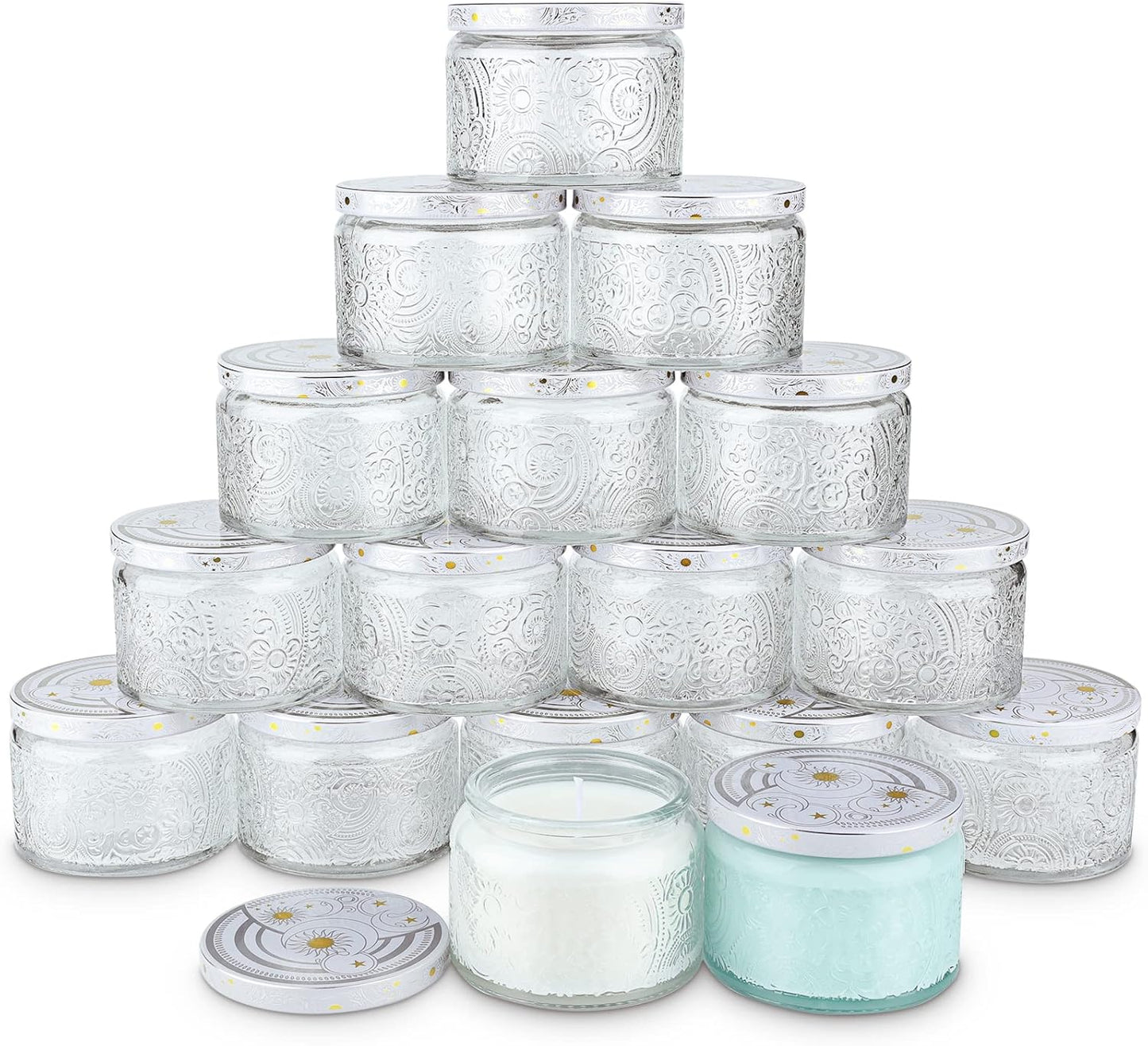 4 oz Clear Sun Moon Stars Candle Jars with Metal Lids, 18 Pack | Patented Embossed Design, Includes Wick Centering Devices & Warning Labels, Multiple Color Options