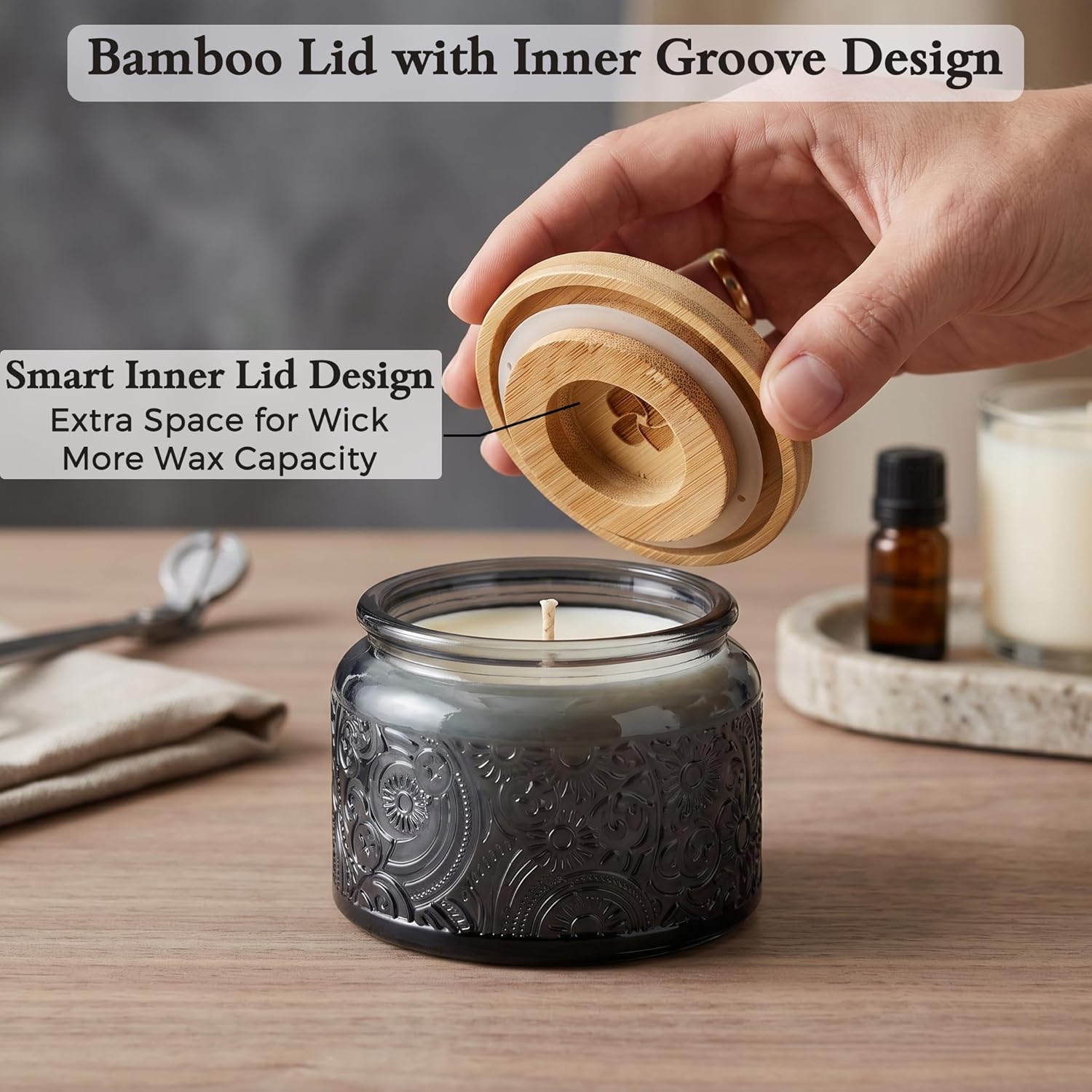 4 oz Gray Sun Moon Stars Candle Jars with Bamboo Lids, 18 Pack | Patented Embossed Design, Includes Wick Centering Devices & Warning Labels, Multiple Color Options