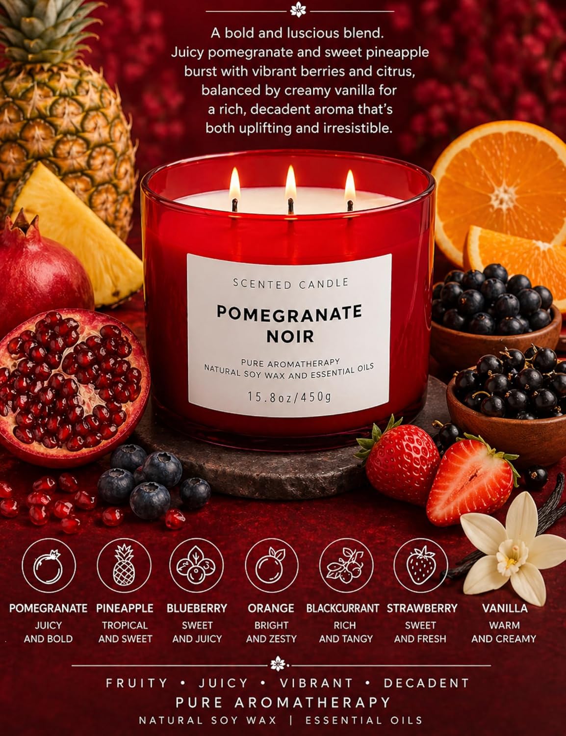Pomegranate Noir Scented Soy Candle - Large 3-Wick Aromatherapy Candle for Home, 15.8oz - Sweet Fruity Vanilla Stress Relief Candle - Luxury Gift for Women & Men