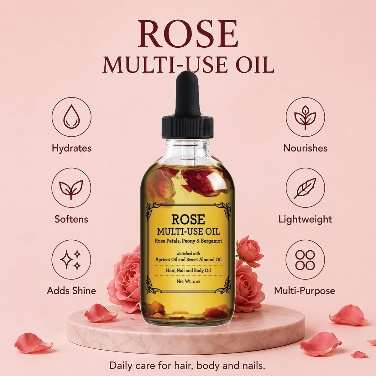 BEAUTE DE PROVENCE Multi-Use Oil for Face, Body and Hair - Organic Blend of Apricot, Vitamin E and Sweet Almond Oil Moisturizer for Dry Skin, Rose Petals, Bergamot Essential Oil - 4 Fl Oz