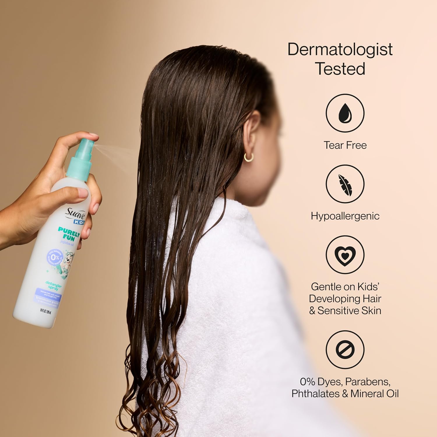 Suave Kids Purely Fun Jojoba Oil Conditioning Detanger Spray, with 100% natural Jojoba Oil, 0% dyes, parabens, phthalates, and mineral oil, Tear Free 10 oz