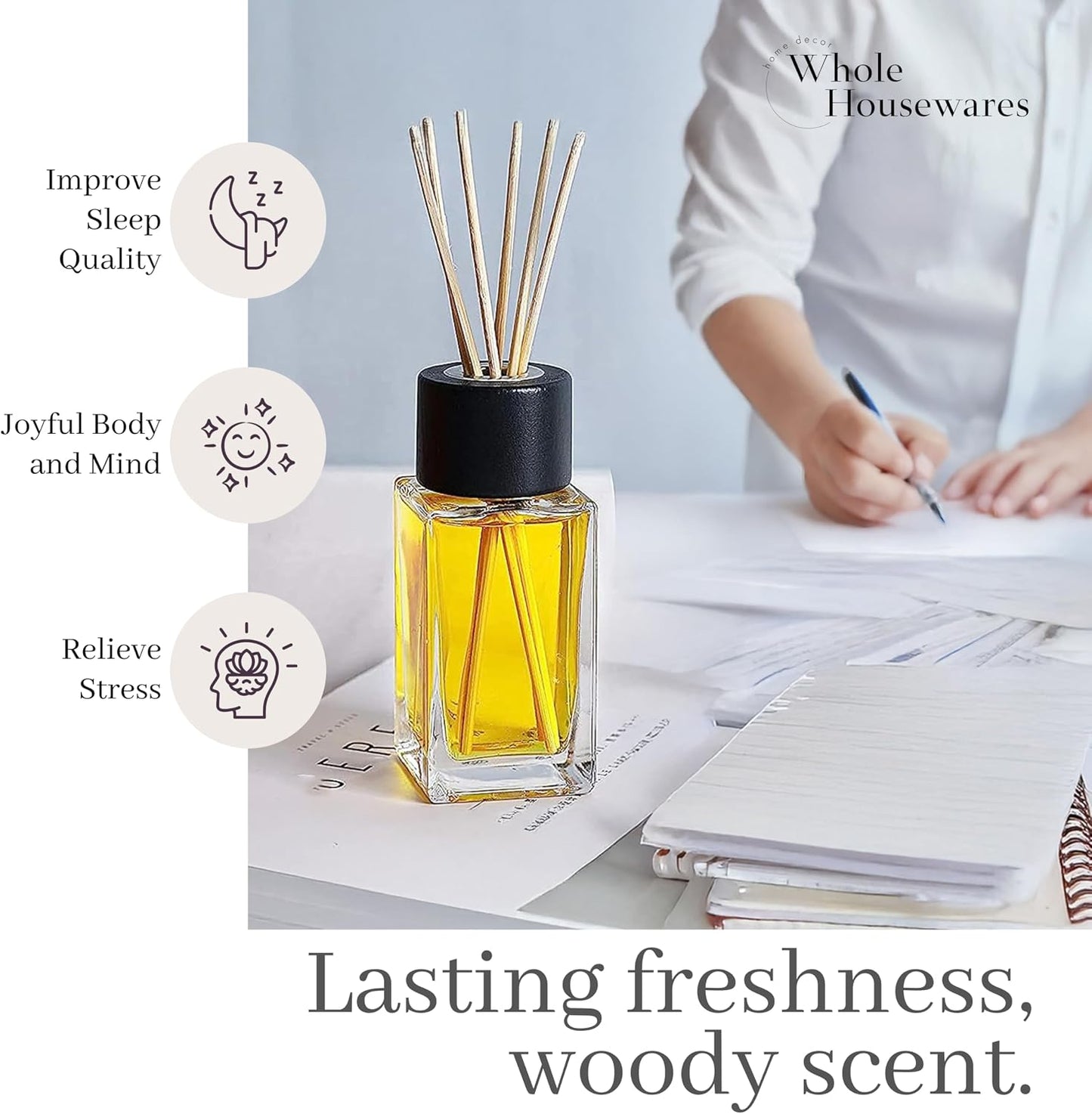 WHOLE HOUSEWARES Natural Diffuser Reeds Bottles Sticks | Clear Glass Home Décor for Kitchen and Living Room | Black Wood Caps | Décorative Fragrance Set with Long Lasting Aroma - Set of 4