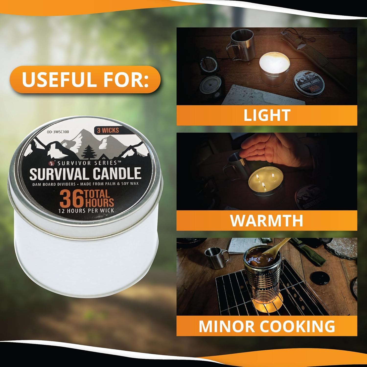 SE 3-Wick Emergency Candle, 36 Hours Long Burning, Top Layer Soy Wax, Great Light Source Gear for Survival, Camping, Blackout & Peace of Mind