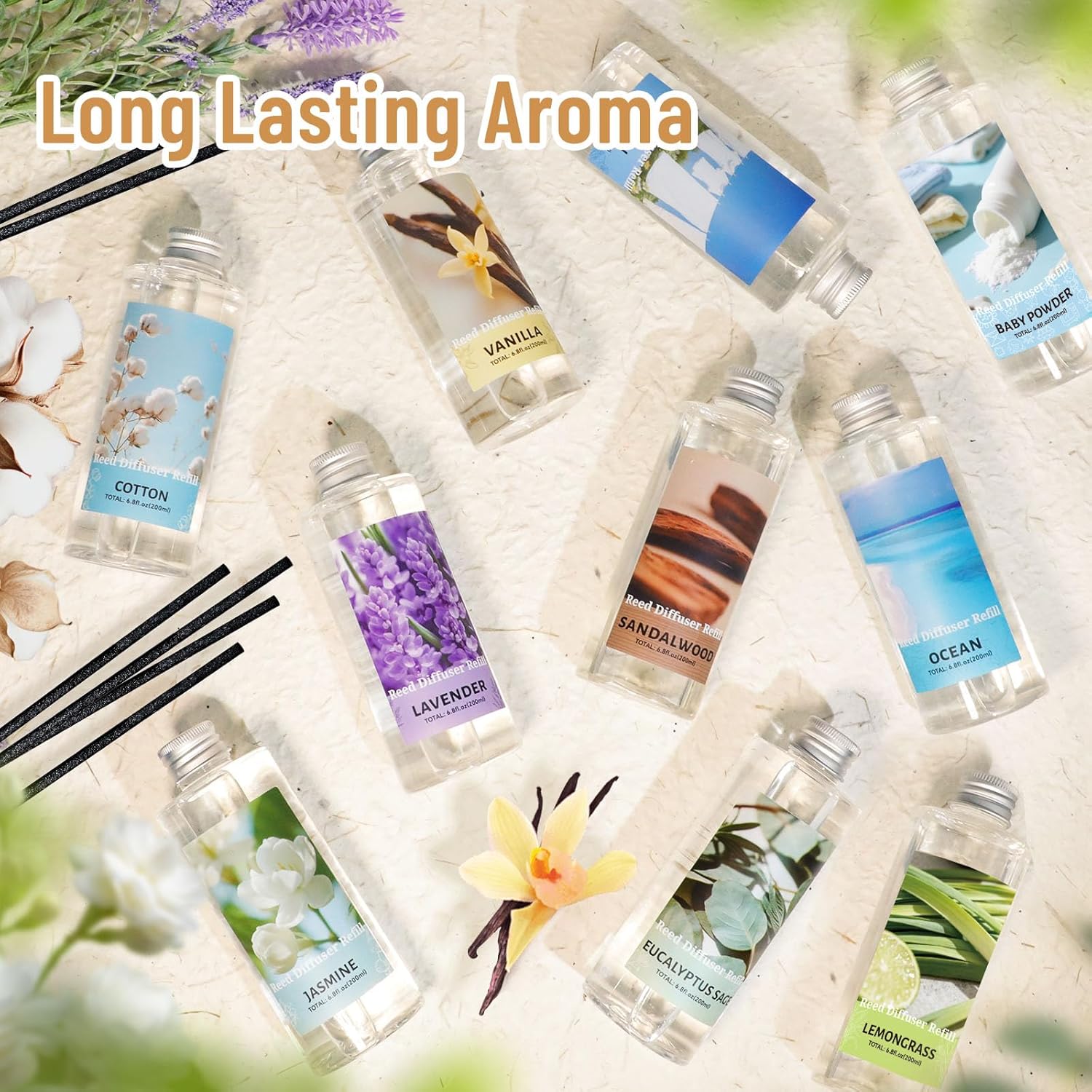 STRN Reed Diffuser Essential Oil Refill, Lemongrass Scent 200ml with Sticks, Long-Lasting Aromatherapy, Summer Fragrance Liquid with Eco-Friendly Bottle for Home, Bedroom, Spa