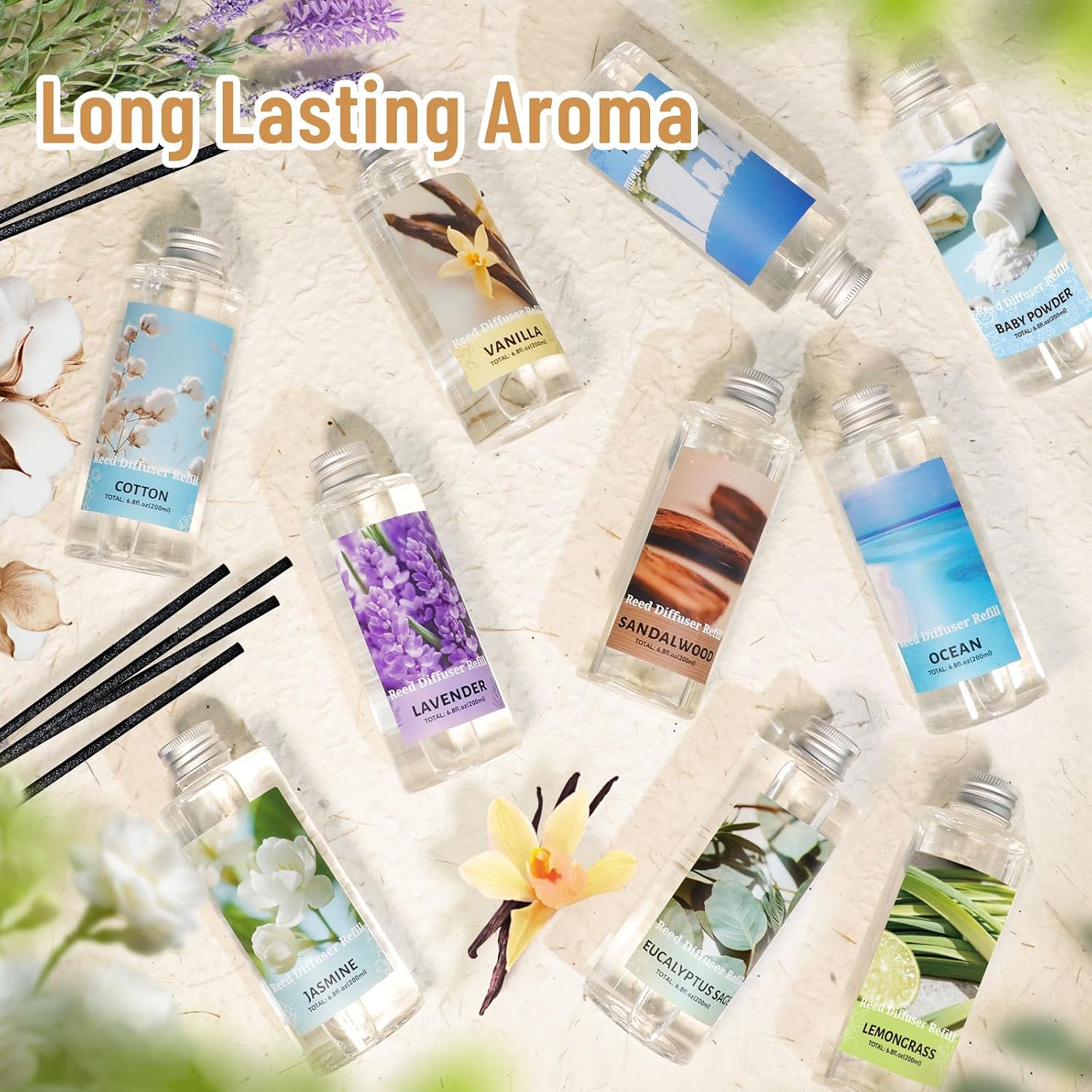 STRN Reed Diffuser Refill, Baby Powder Scented Reed Diffuser Set, 200ml with Sticks, Long-Lasting Aromatherapy, Summer Fragrance for Bedroom, Spa, Bathroom, Office