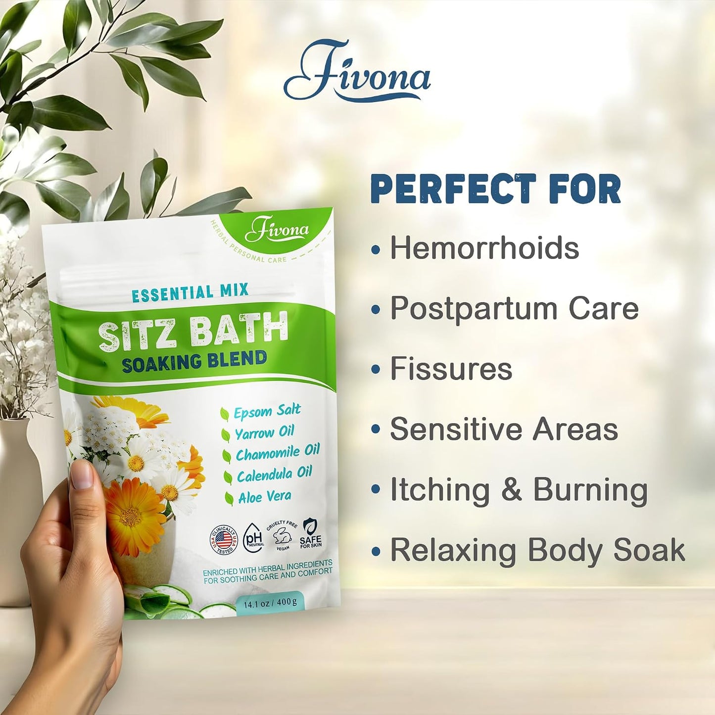 Hemorrhoid Care Postpartum Care Bartholin Cyst Relief - FIVONA Sitz Bath Salt Natural Epsom Blend with Essential Oils Soak - 14.1 oz
