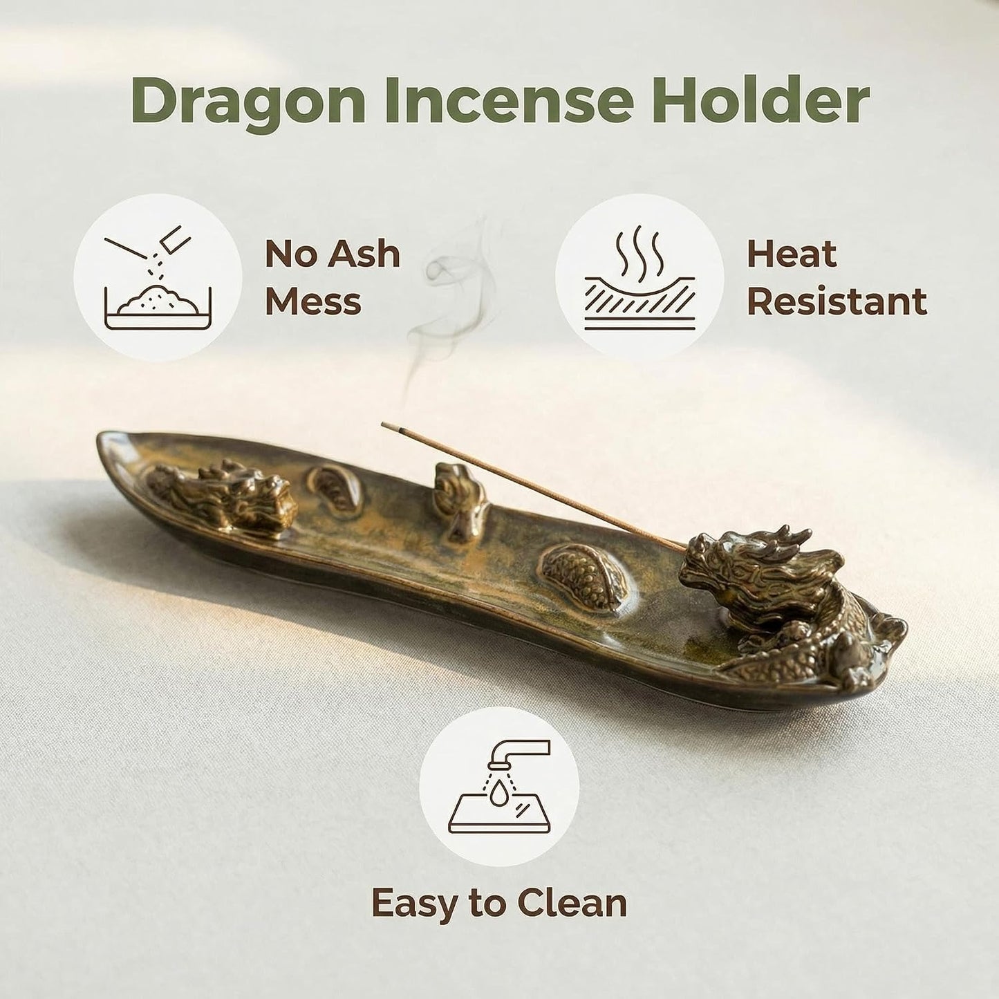 Incense Holder for Sticks, Chinese Dragon Ceramic Incense Holder with Tweezer & Brush – Zen Home Decor for Meditation, Yoga, or Tea Ceremony