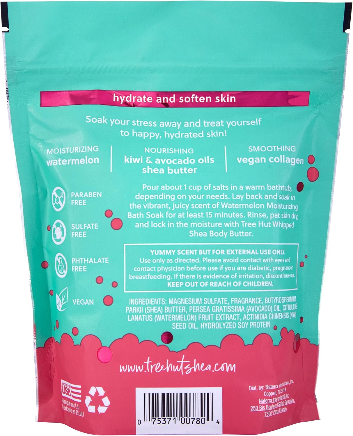 Tree Hut Watermelon Moisturizing Bath Soak, Bath Salt with Shea Butter, Vegan Collagen, Kiwi & Avicado Oils, 16 Oz