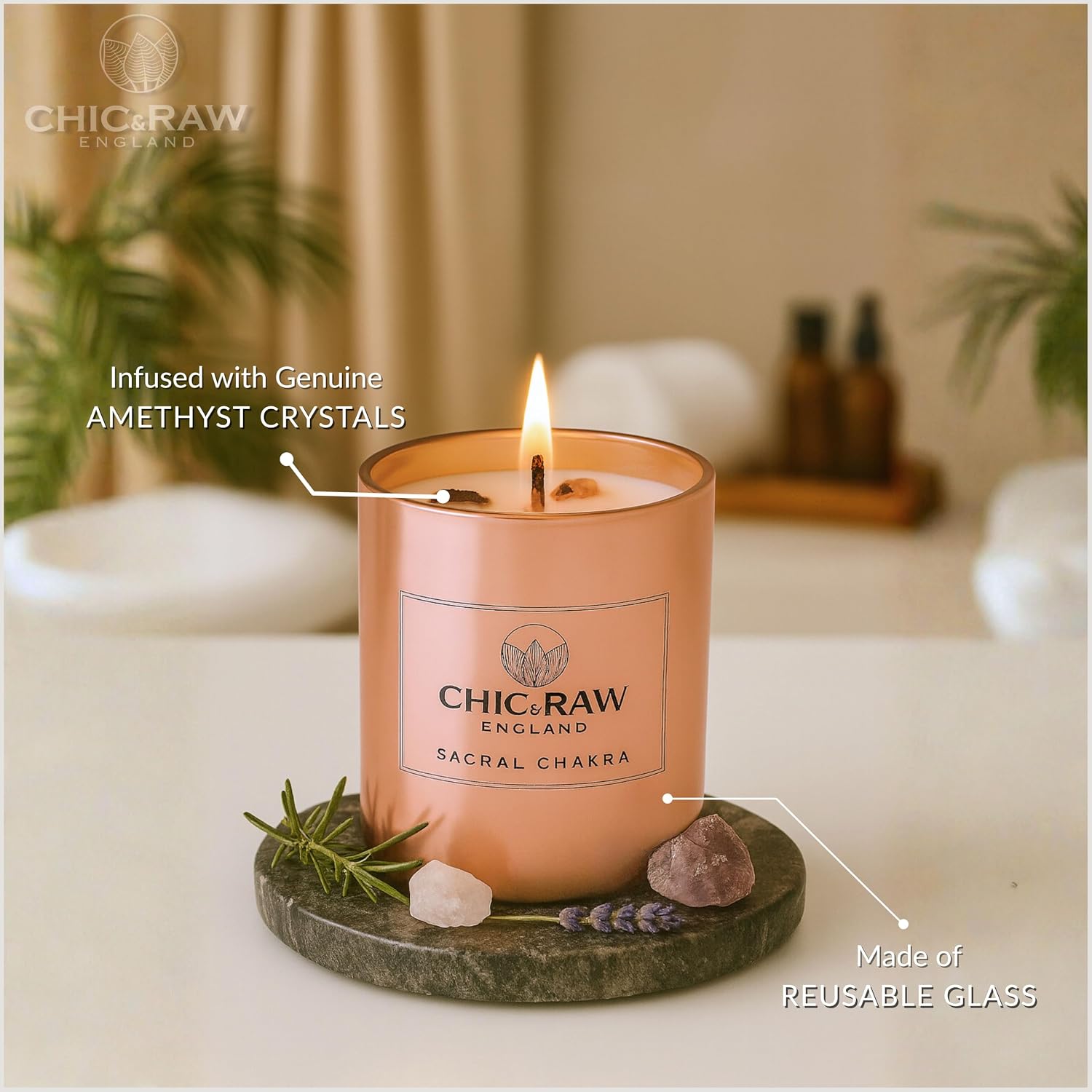 Aromatherapy Candle with Crystal Amethyst Sacral Chakra, Scented Candle Made of Ylang Ylang Oil, Luxury Long-Lasting Burn Soy Candle for Home Scented - Stress Relief, & Manifestation, 7.05oz