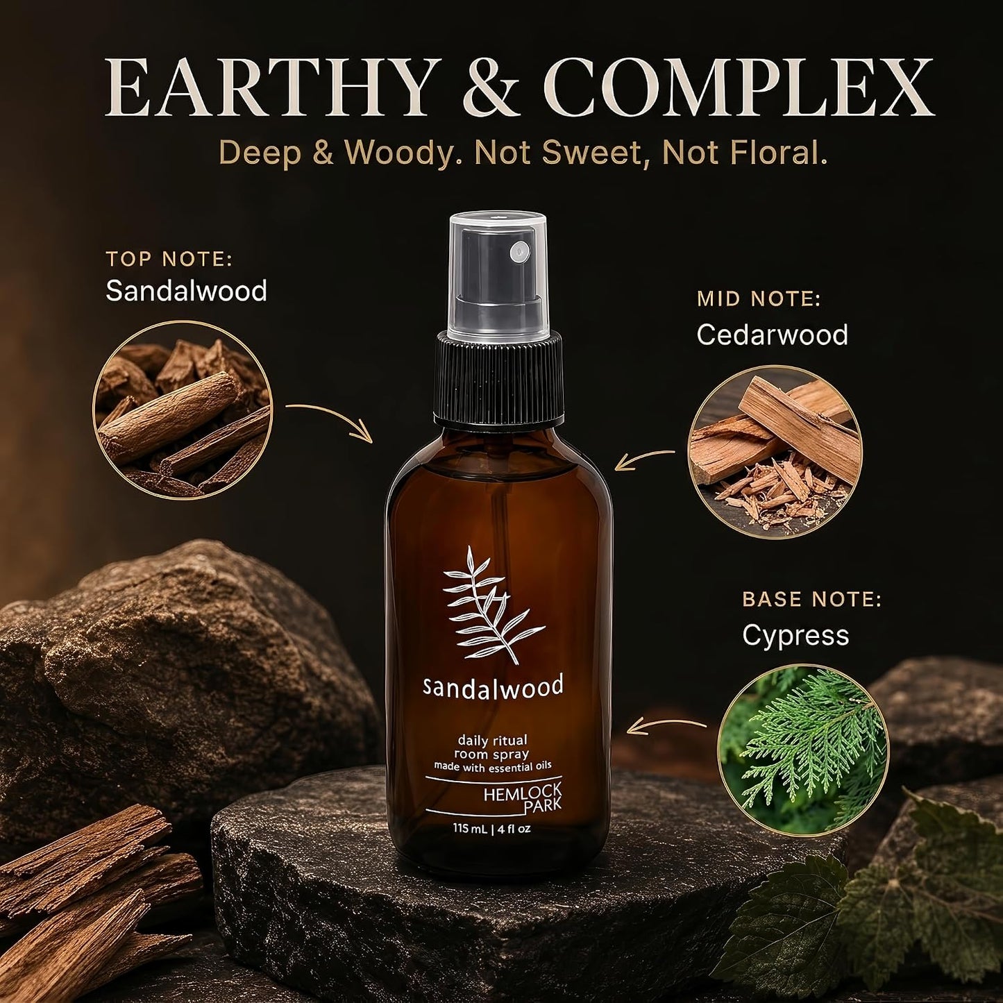 Hemlock Park Sandalwood Botanical Mist Room + Linen Spray | 4 oz Glass Bottle | Made in USA