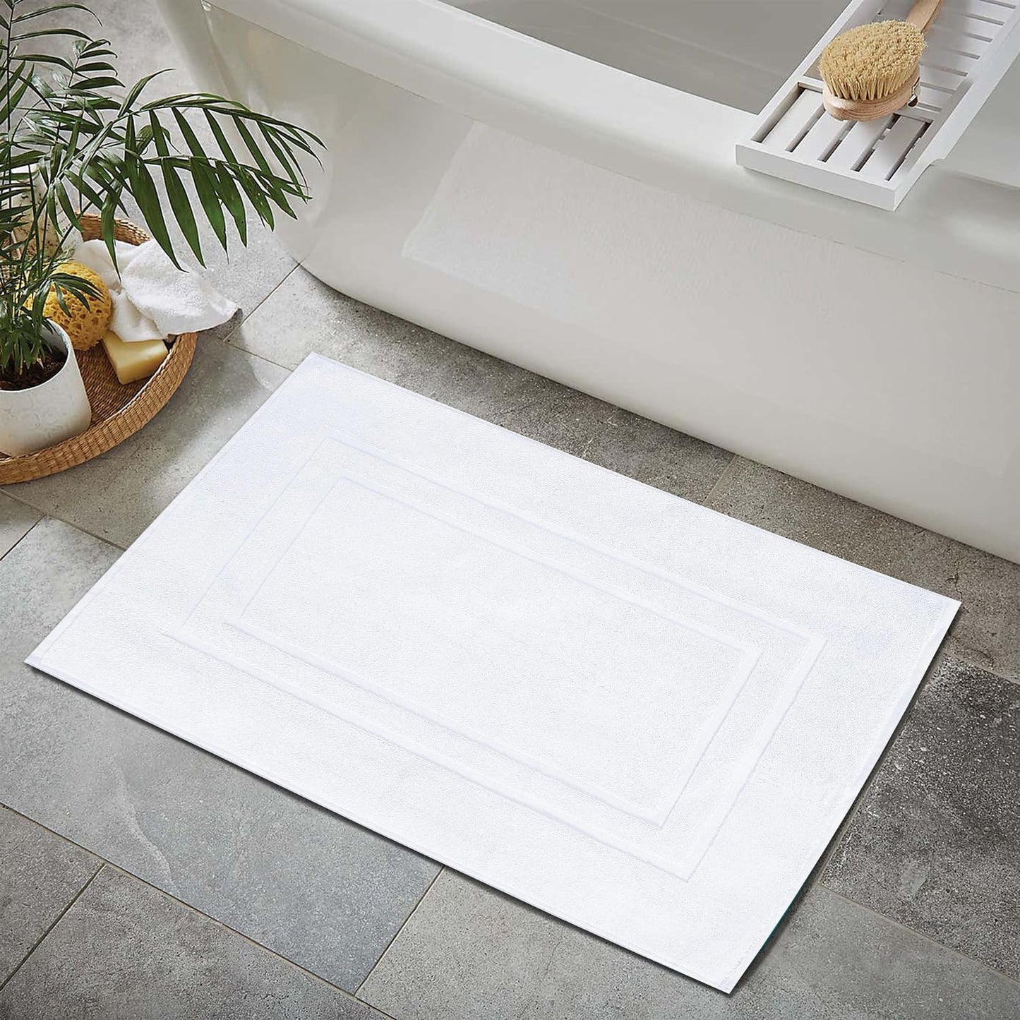 Feather & Stitch 2 Piece Towel Like Bath Mats (30x21 Inch) 100% Cotton Terry Bath Mats, Bathroom Shower Floor Mats [NOT A Bathroom Rug], Soft Absorbent Washable Mats - White