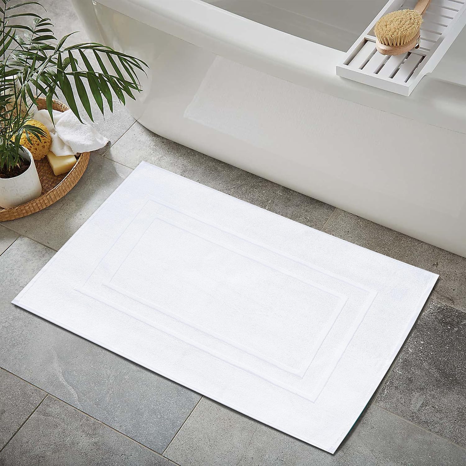 Feather & Stitch 2 Piece Towel Like Bath Mats (30x21 Inch) 100% Cotton Terry Bath Mats, Bathroom Shower Floor Mats [NOT A Bathroom Rug], Soft Absorbent Washable Mats - White