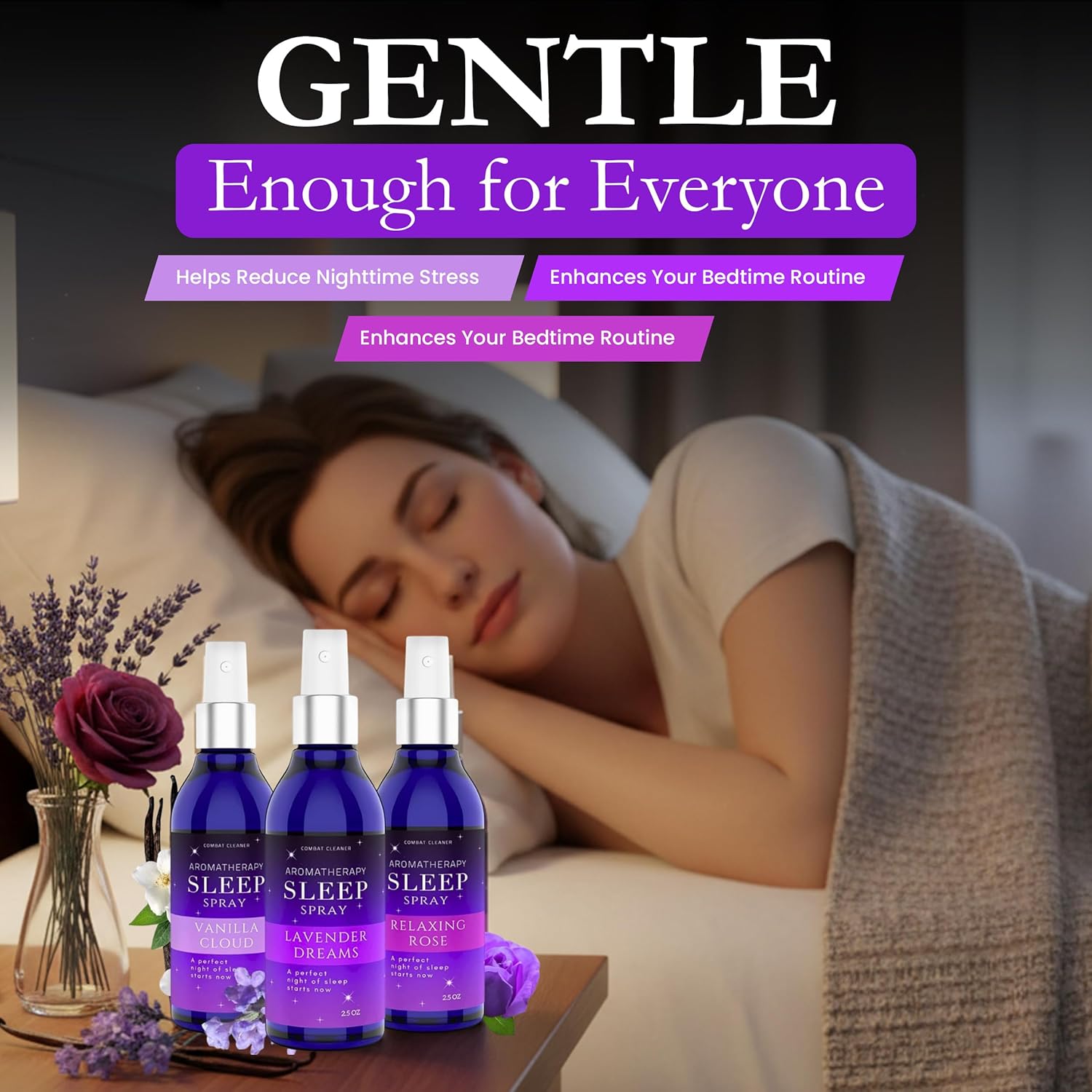 Pillow Sleep Spray Mist for Deep Sleep | Help Stress & Anxiety Relief Aid | (Pack of 3) Calming Lavender, Vanilla, Rose Mist | by Combat Cleaner