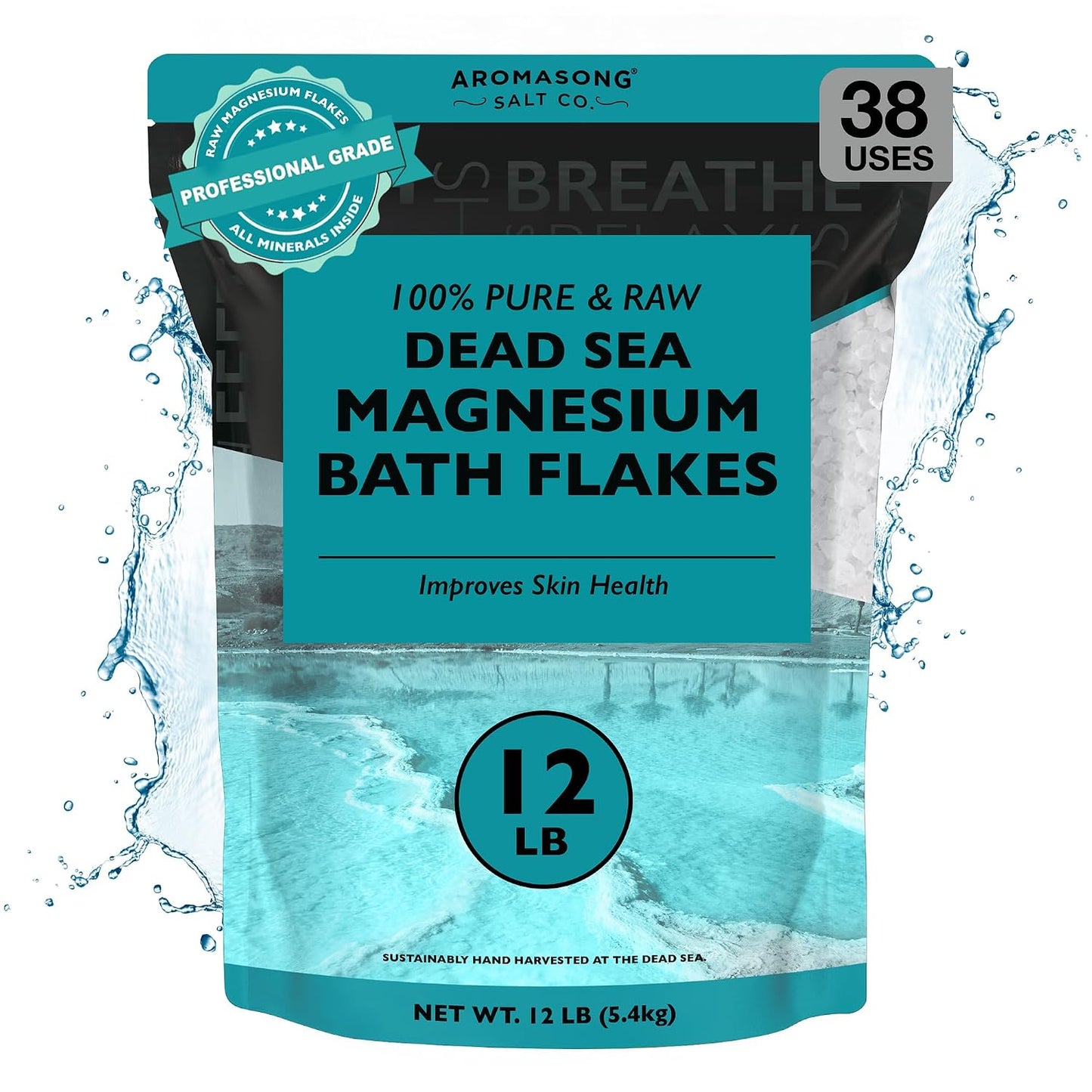 Aromasong Dead Sea Magnesium Flakes for Bath - 16,325 Mg Magnesium Chloride per Bath - Superior Alternative to Epsom Salt - Used as Muscle & Foot Soak - 12 Lb Bulk Bag