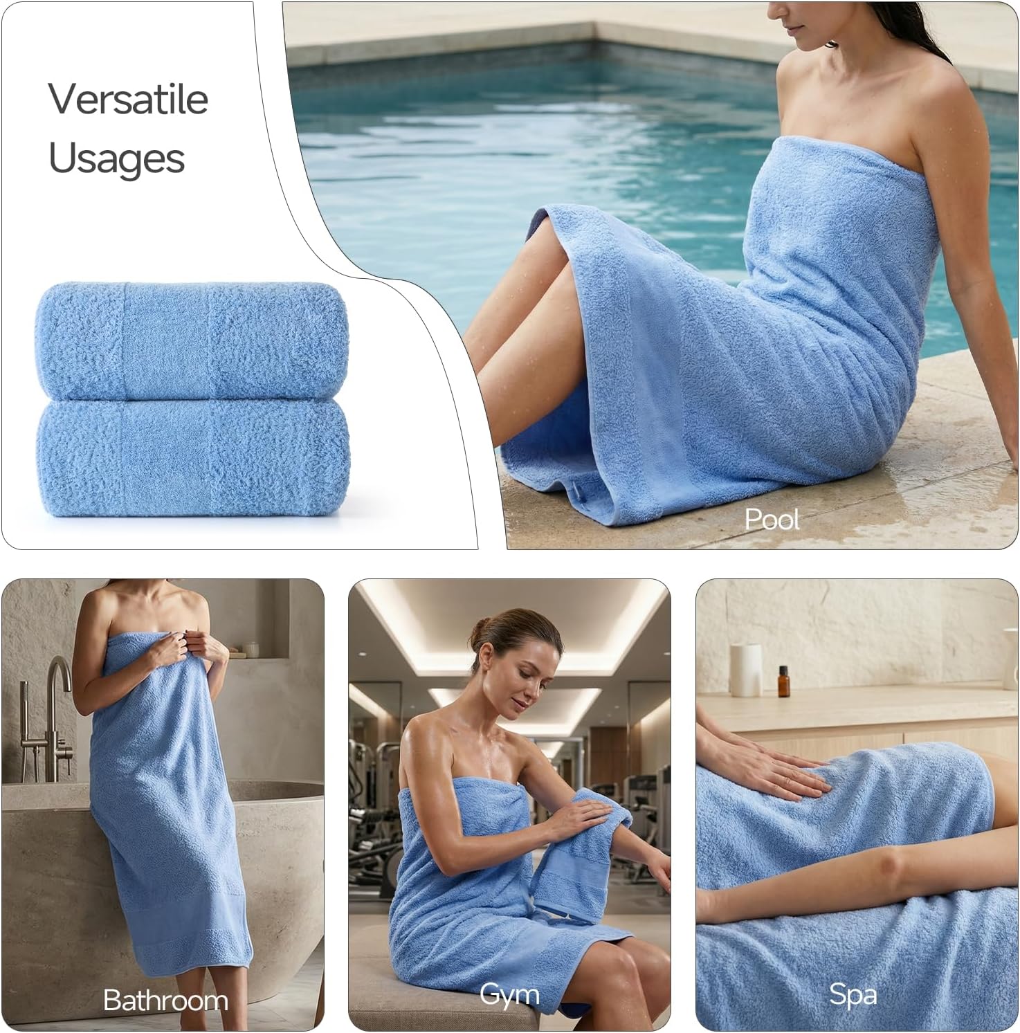 REDKISS 2 Pack Luxury 30x58 Inch Large Cotton Bath Towels Set,Ocean Blue | 100% cotton luxury fabric, ultra soft, highly absorbent & quick dry ocean blue towels for bathroom, gym, hotel and spa