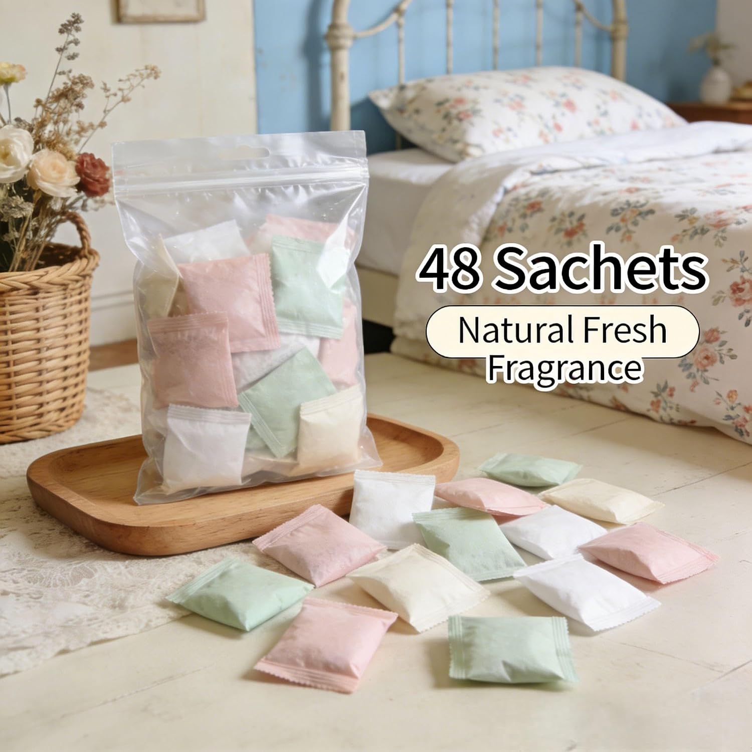 Bagus Floral Scented Sachets - 48 Pack Natural Linen Pouches for Closet & Drawer Freshness, Long Lasting Aromatic Herb Bags for Clothes, Wardrobe & Car - Delicate Fabric Safe Fragrance Booster
