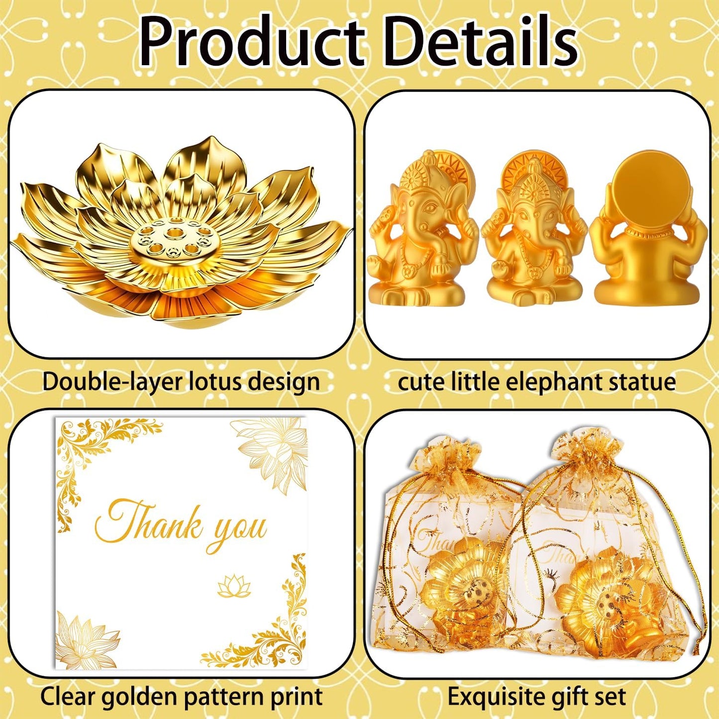 120 Pack Diwali Gifts Bulk with 30 Lotus Incense Holders, 30 Mini Golden Ganesha Ornaments, Organza Bags & Thank You Cards – Indian Return Gifts for Pooja, Festivals & Celebrations (Golden Set) (30)